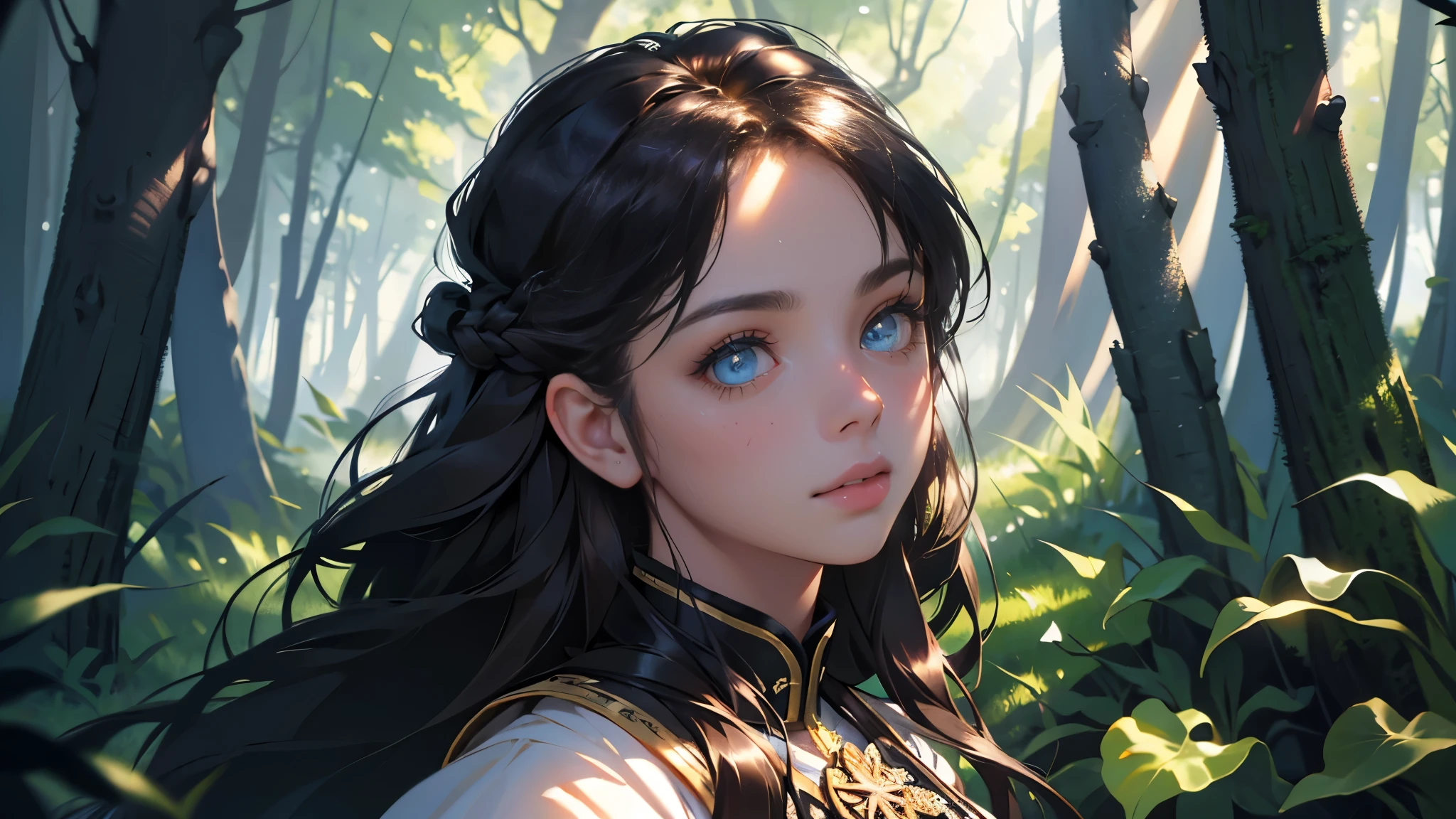 masterpiece, ultra detailed, 8K Portrait, Raw photo, a portrait photo of girl, Highly detailed face, beautiful and meticulous eyes, ((Fantasy)), little bear, Midday Sun, Hyper realistic, in a medieval forest, Ambient lighting, Shadow details , strong breeze, Light fog
