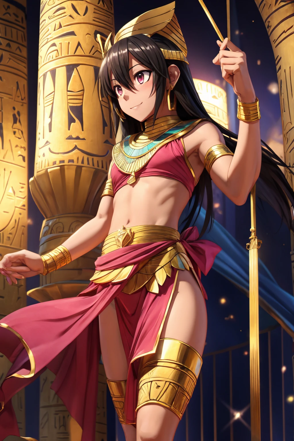 Kirito, Pink egyptian dancer's clothing, blushing and smiling, dark skin and long hair, standing alone in the dance hall, big breasts breast enlargement breasts pumped up looking at camera illustration, ultra-detailed, HDR, vibrant colors, soft lighting high quality and super detailed