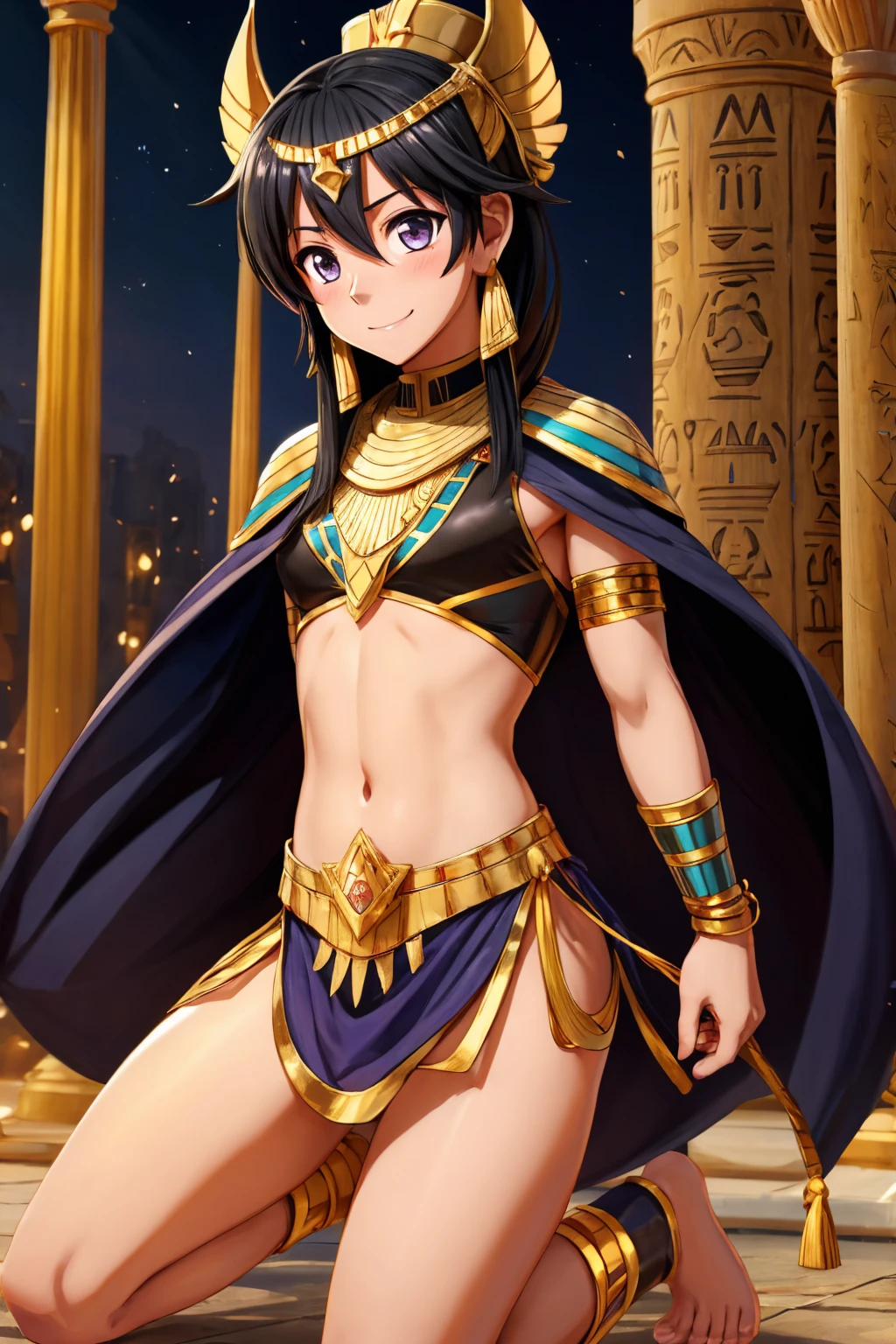 Kirito, Pink egyptian dancer&#39;s clothing, blushing and smiling, dark skin and long hair, standing alone in the dance hall, big breasts breast enlargement breasts pumped up looking at camera illustration, ultra-detailed, HDR, vibrant colors, soft lighting high quality and super detailed
