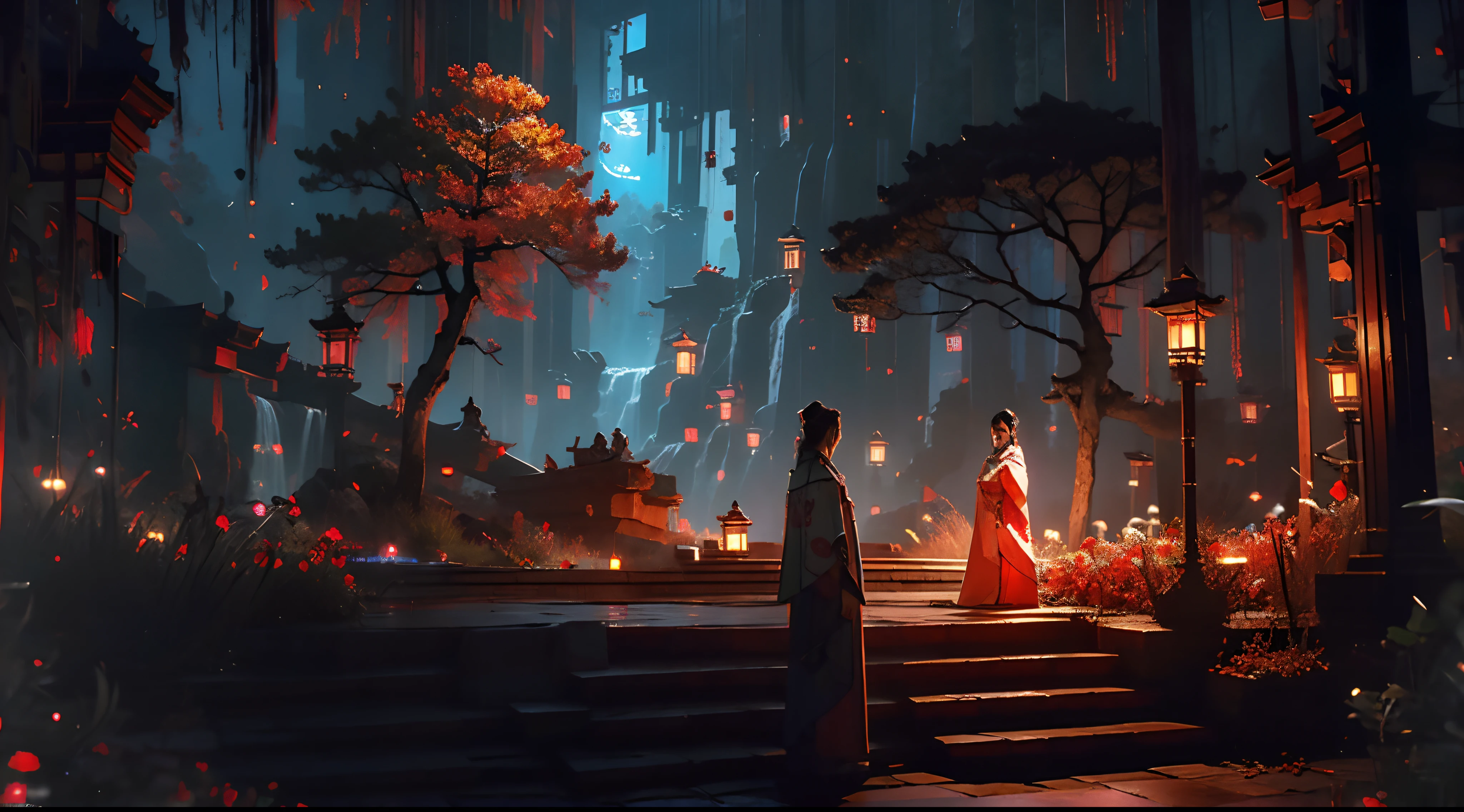 (masterpiece:1.2),highest quality,Realist,Tyndall effect,Underworld marriage,Spooky atmosphere,evening,Red palace lamp, wood, landscape, Exterior, "young, A handsome and beautiful aristocratic couple traveling through the underworld,Fine grain,Distinct facial features",kimono, East Asian architecture, building, Sky Sky, Cielo Cercano, stage,Amaryllis