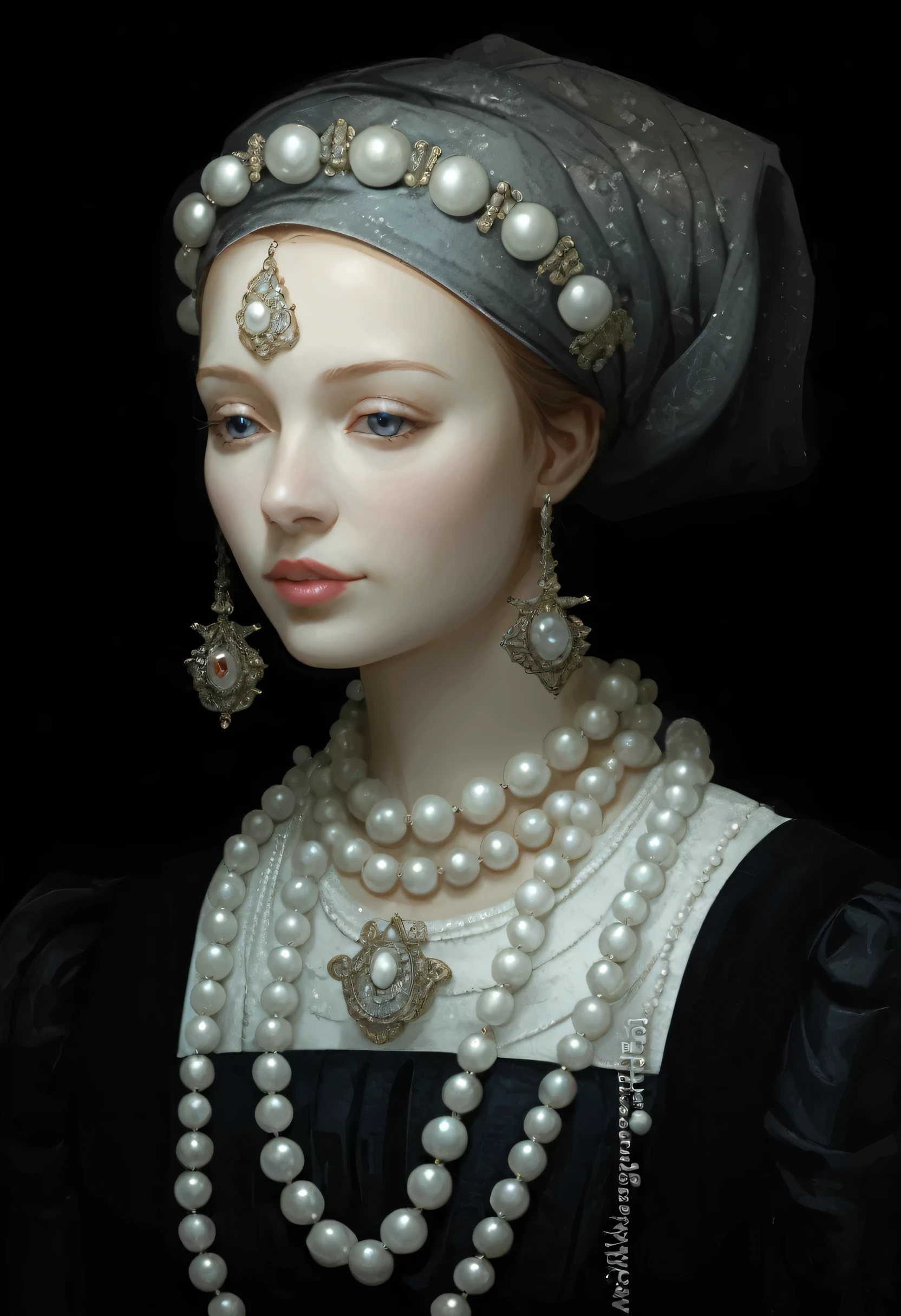 a close-up of a woman wearing pearls and a turban, realistic retrato renascentista, retrato renascentista, em estilo alto renascentista, baroque art jewelry, em estilo renascentista, em estilo renascentista, Pintura Digital Renascentista, arte renascentista de hiper-realismo, retrato barroco, senhora elegante com pele de alabastro, girl with a Pearl Earringl, Pearl Earring, retrato da princesa