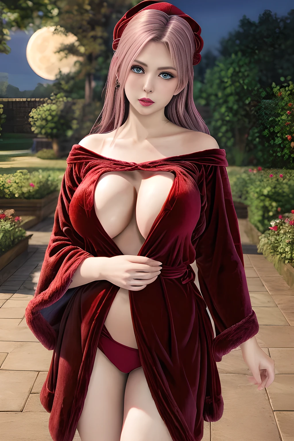 1girl,(RED theme: 1.2), (Velvet fabric nightgown: 1.2), (Koch snowflake robe: 1.5), ,garden,moon,huge breasts,lactating,(lip gloss),(masterpiece), best quality, (real life portrait photography:1.5),unltra detailed,8K,Shot with a professional-grade camera like the Nikon D850,every intricate detail is captured, from the subtlest expression to the glimmer of anticipation in her eyes,Focus on thighs and above,solo, elise,