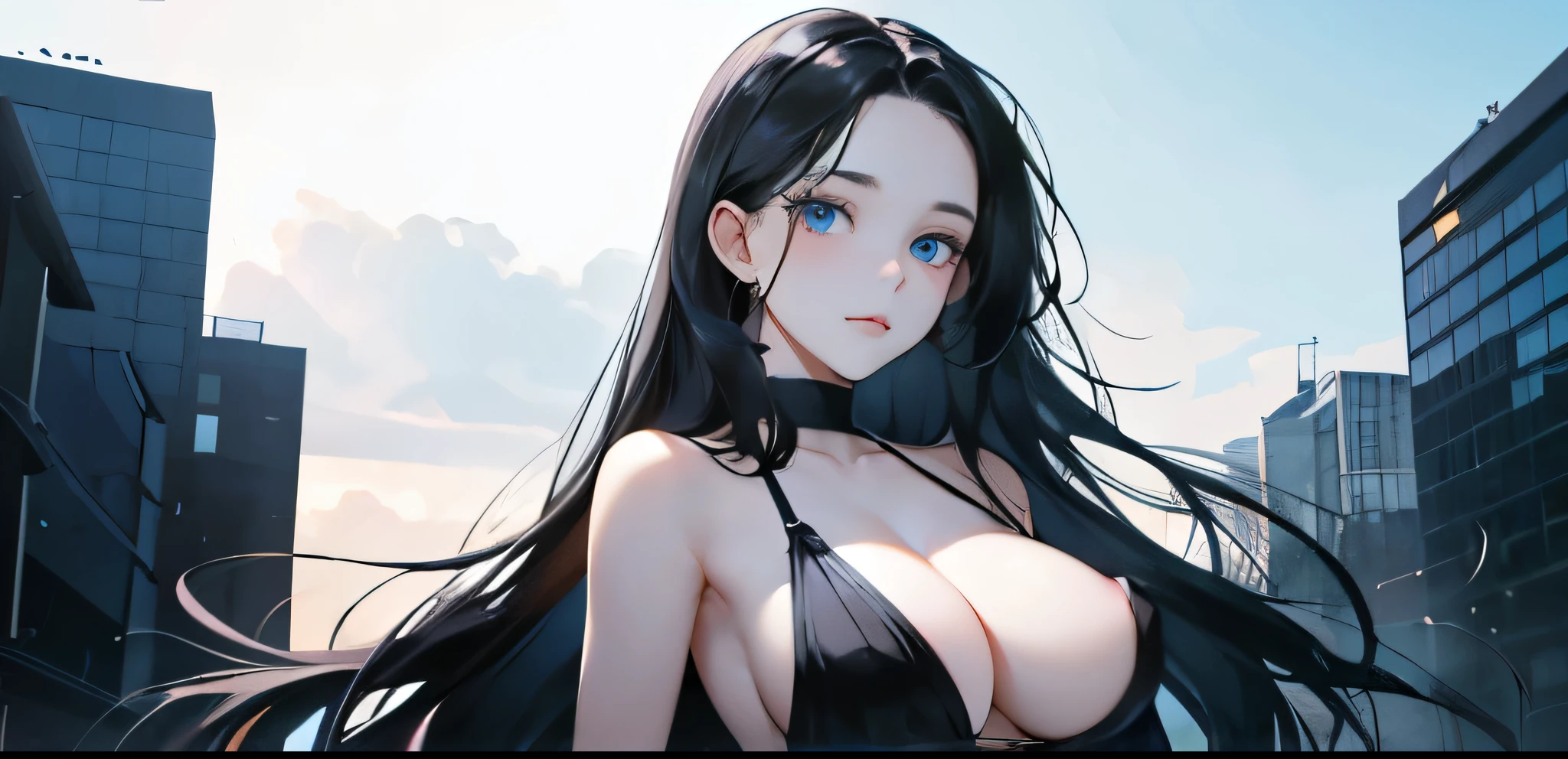 1 girl, high resolution, long black hair, blue eyes, wearing cute and modest black dress, not confident, weak, scared, detailed face, blushing, ultrasharp, 8K, masterpiece, big breasts, cleavage shown , pale white skin, no bangs or fringes, forehead seen, massive breasts, nipples seen, no bangs , no fringe , wide forehead seen