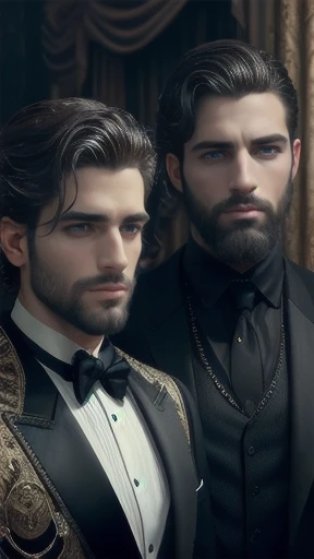 detailed portrait of a group of handsome jewish men, beautiful detailed eyes, beautiful detailed lips, extremely detailed facial features, intricate facial expressions, warm lighting, cinematic composition, dramatic lighting, chiaroscuro lighting, moody atmosphere, detailed fabric textures, luxurious clothing, high contrast, cinematic color palette, realistic skin tones, photorealistic, 8k, masterpiece, best quality