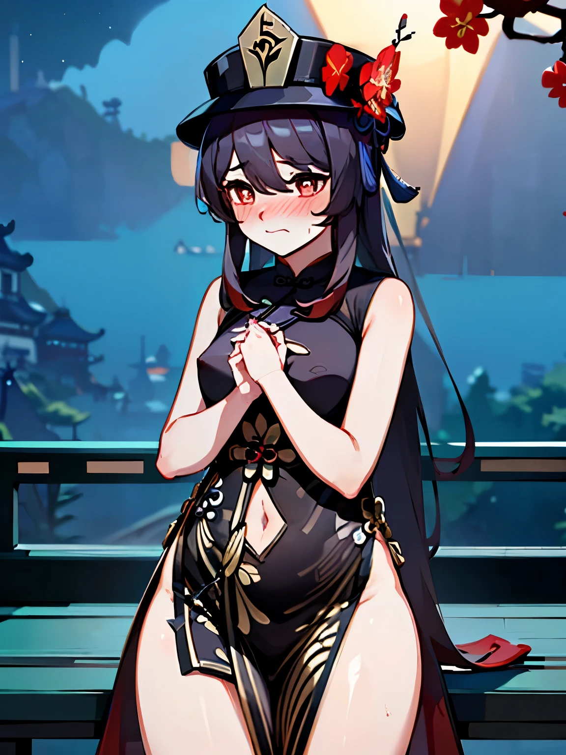 NSFW,hutao\(genshin\),(China dress:1.5),Cleavage,belly button,(Perfect hands),(Perfect Anatomy),(masterpiece),(highest quality),(Embarrassed:1.5),blush,Feeling embarrassed,restaurant,Leaning forward,Lift your butt