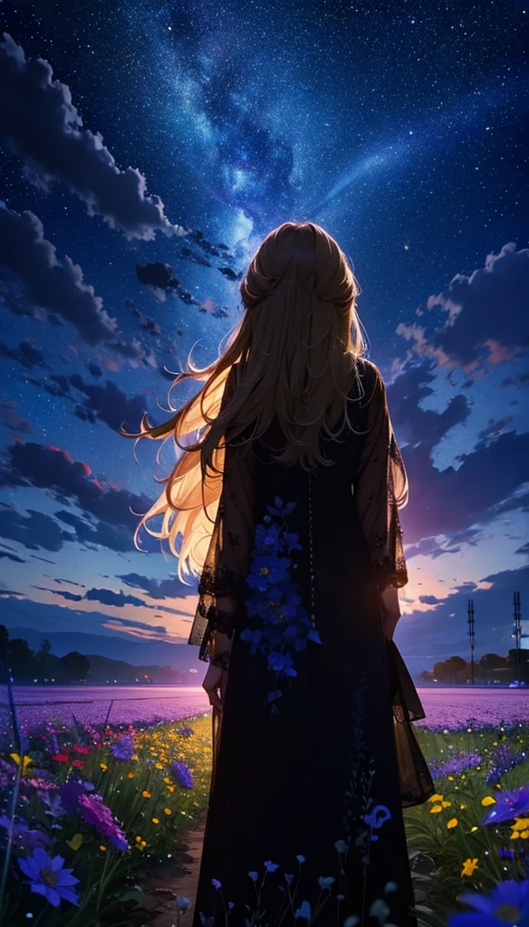 1people々々々々々々々々々々,Blonde long-haired woman, Dress Silhouette, Rear View,Space Sky, Flower Field,Colorful flowers