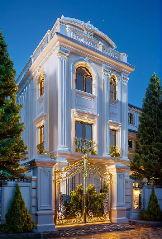 RAW photo, masterpiece, arafed house with a car parked in front of it, neo - classical style, rendered in lumion pro, classicism style, classicism artstyle, lumion render, rendered in lumion, architectural visualization, neoclassical style, in style of classicism, white light sun, rendered in vray, rendered in v-ray, rendered in unreal engine 3d, (photorealistic:1.2), best quality, ultra high res, exterior, architechture,modern house,(white wall:1.5), (detail gate black:1.4), (photorealistic:1.5), best quality, ultra high res, exterior,architechture,neoclassic house,(white wall:1.2), (detailed reliefs:1.2), (The front 1st floor has 4 windows), (the right side 1st floor has 4 windows), (the main side has three-step stairs), (the right side has three-step stairs) ,glass windows,,trees,traffic road, blue sky,in the style of realistic hyper-detailed rendering, luxury neoclassical villa, in the style of neoclassical scene, glass windows, (white navy roof:1.2), best quality, (straight strokedetail:1.1) roof top, (Intricate lines:1.5), ((Photorealism:1.5)),(((hyper detail:1.5))), archdaily, award winning design, (dynamic light:1.3), (night light:1.2), (perfect light:1.3), (shimering light :1.4), refection glass windows, (curved line architecture arch:1.2), trees, beautiful sky, photorealistic, FKAA, TXAA, RTX, SSAO, Post Processing, Post-Production, CGI, VFX, SFX, Full color,((Unreal Engine 5)), Canon EOS R5 Camera + Lens RF 45MP full-frame CMOS sensor, HDR, Realistic,8k,((Unreal Engine 5)), Cinematic intricate detail, extreme detail, science, hyper-detail, FKAA, super detail, super realistic, crazy detail, intricate detail, nice color grading, reflected light on glass, eye-catching wall lights, unreal engine 5, octane render, cinematic, trending on artstation, High-fidelity, Viwvid, Crisp, Sharp, Bright, Stunning, ((Lifelike)), Natural, ((Eye-catching)), Illuminating, Flawless, High-quality,Sharp edge rendering, medium soft lighting, photographic render, detailed archviz