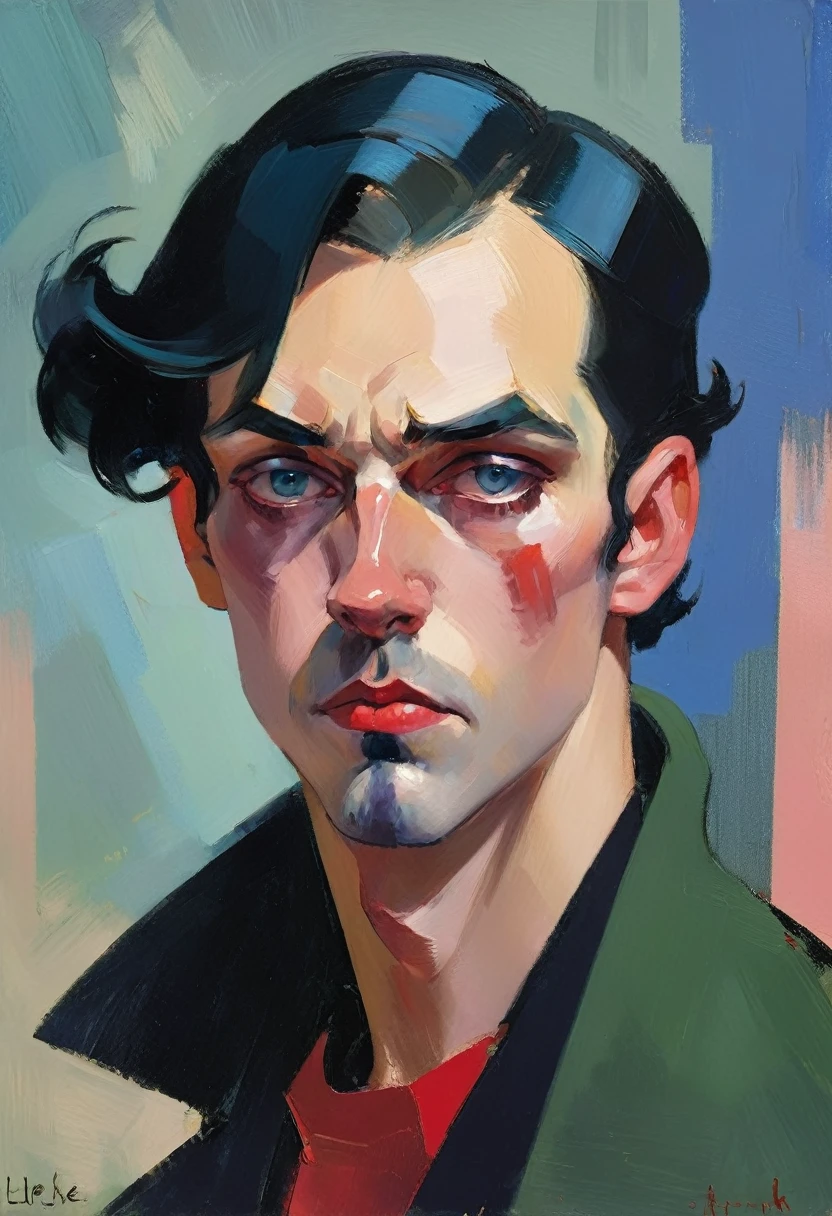 Create a contemporary portrait of a man with sharp features, using the expressive and painterly style of Malcolm Liepke. Employ rich, vibrant, and contrasting colors, focusing on red and blue hues. The background should be a neutral, pale beige or light peach color. The face should be at a slight angle, with fluid, dynamic brushstrokes to define the facial structure. Capture the intensity of the expression with a focus on the interplay between light and shadow, emphasizing the depth and texture characteristic of Liepke's work