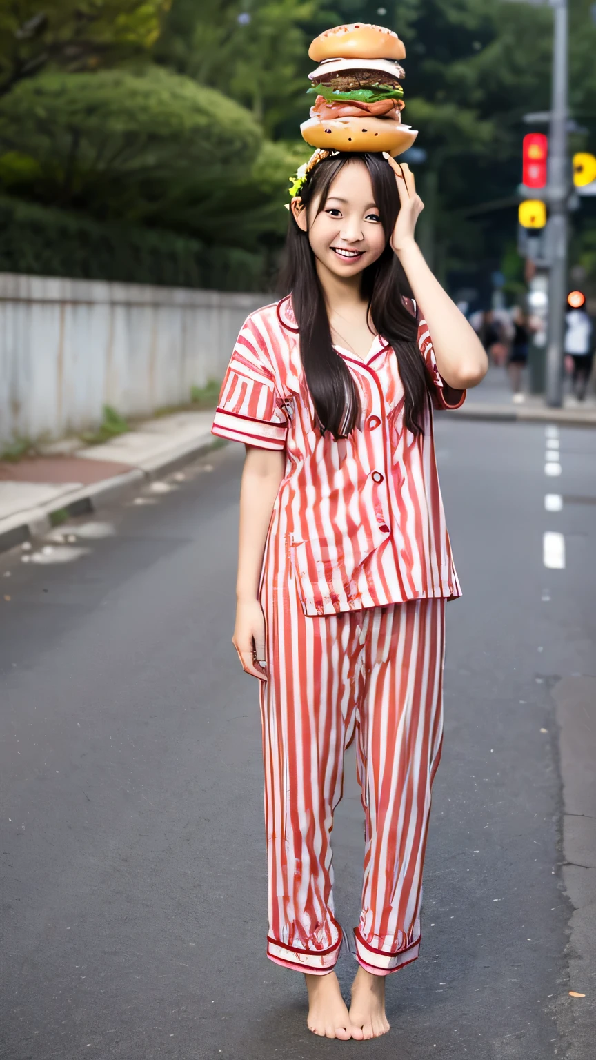 pajamas、(hamburger on his head:1.5)、Front facing、Asian Woman, barefoot、(stand up:1.5)、(upright:1.5)、young asian girl, Portrait of a Japan teenager, Cute Young Girl, Zola々Girls&#39; Lion Japan, Young and pretty girl, Girl cute beautiful face, Young girl, Young and pretty Asian face, Beautiful girl, Gorgeous young model, Chiho, Long haired asian girl、With bangs
