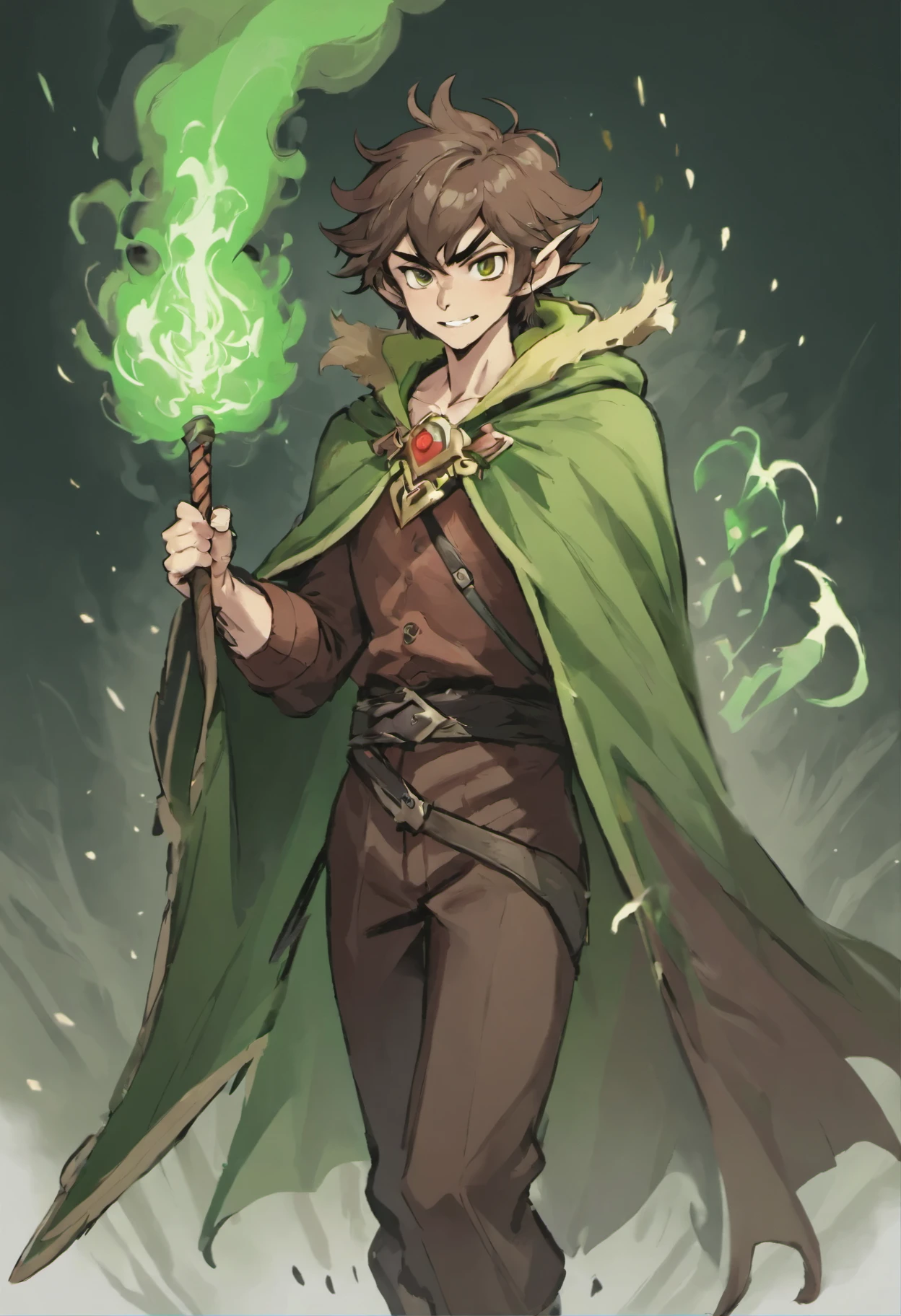 Solo male, tall, late 20's, handsome, elf, happy, relaxed, vampire, shaggy hair, pointy ears, fangs, brown hair, green cloak, druid, surrounded by smoke, lots of smoke, walking with a thick oak staff