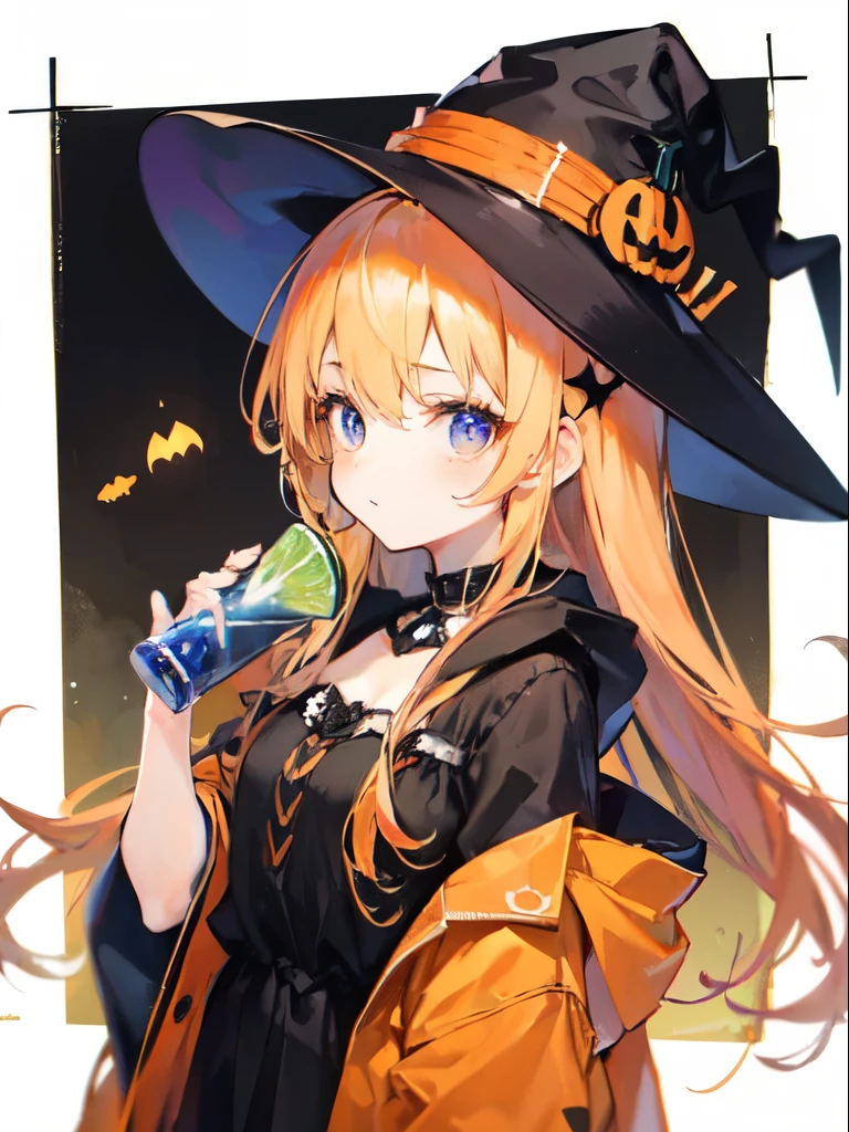 Halloween Theme, "cute, タピオカシェイクを飲むcuteバニーガール, Adorable girl in orange, Neon Orange Black, and baby lime color scheme. She's dressed in a Halloween-themed outfit. Her outfit is fluffy and soft., Comes with hair clips and other accessories. She embodies the vibrant and trendy Harajuku fashion style.."