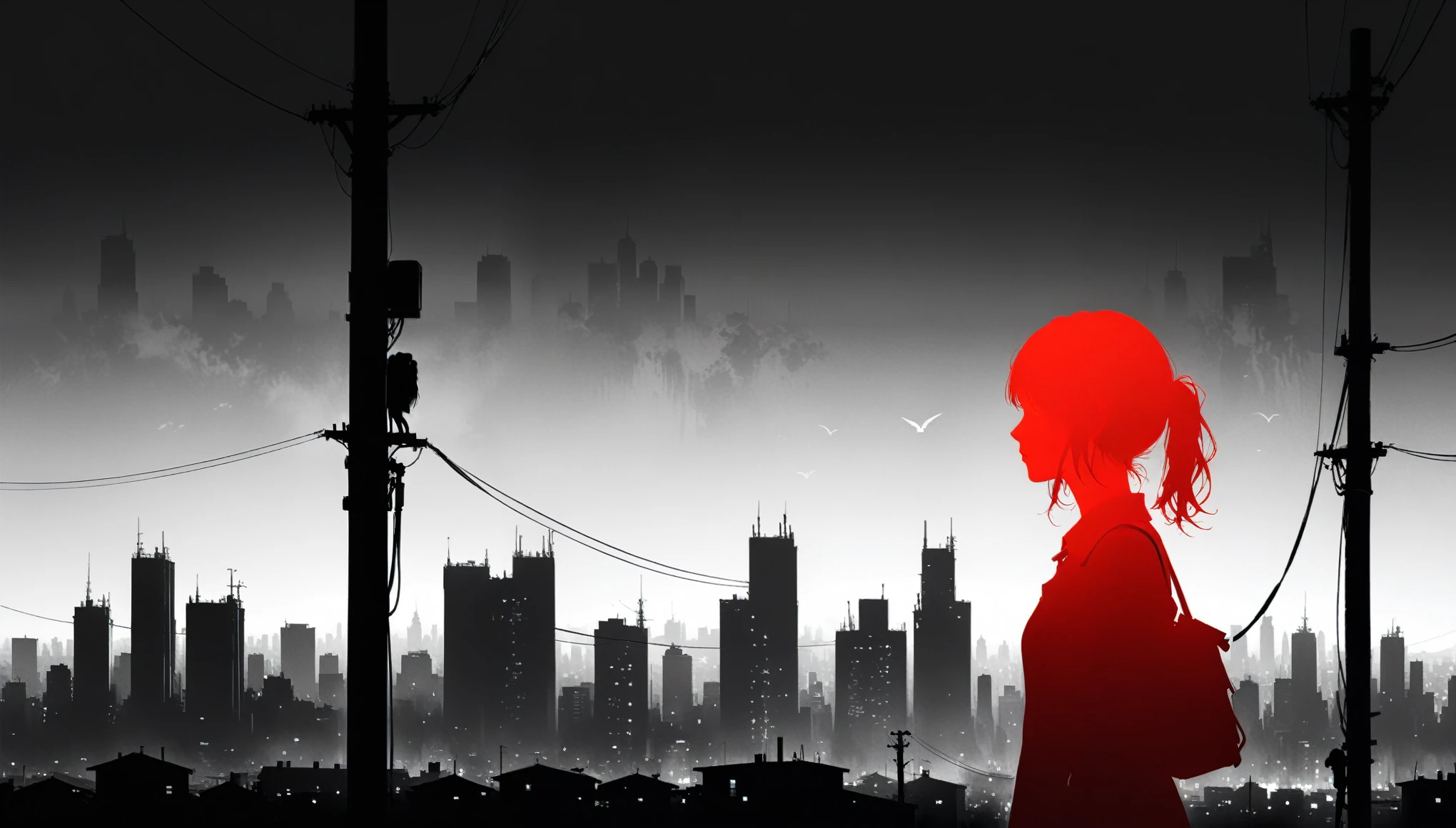 (in style of Ashley Wood:1.3),(in style of Takeshi Obata:0.9),
black and white urban skyline background,protruding utility poles,(a red silhouette of a young girl:1.6),minimalist silhouette,red silhouette,black and white background,wide_shot,silhouette of a teenage girl on a telephone pole,