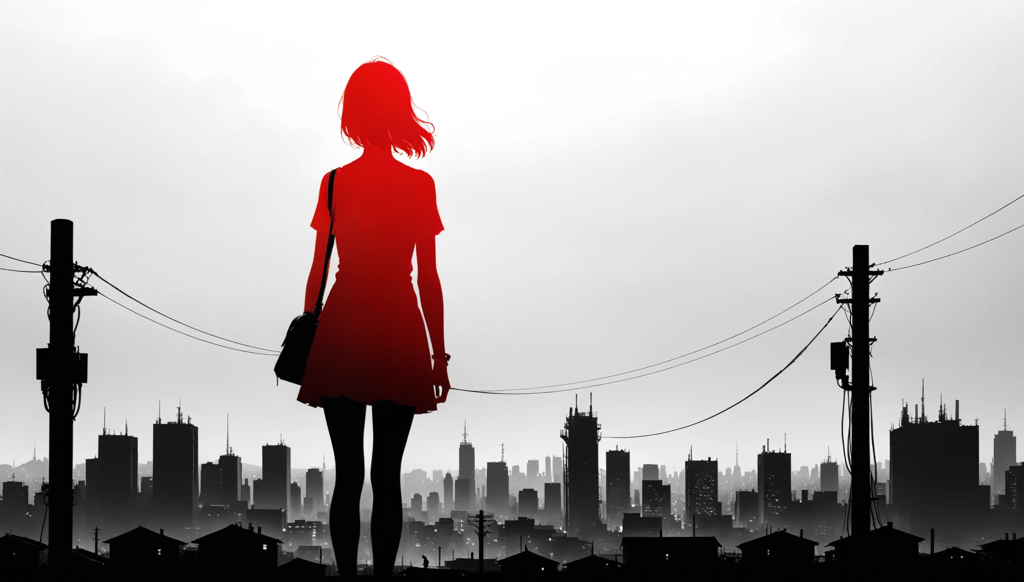 (in style of Ashley Wood:1.3),(in style of Takeshi Obata:0.9),
black and white urban skyline background,protruding utility poles,(a red silhouette of a young girl:1.6),minimalist silhouette,red silhouette,black and white background,wide_shot,silhouette of a age girl on a telephone pole,