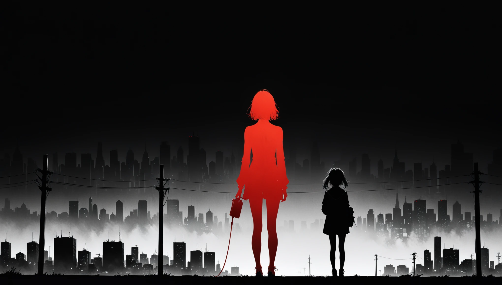 (in style of Ashley Wood:1.3),(in style of Takeshi Obata:0.9),
black and white urban skyline background,protruding utility poles,(a red silhouette of a young girl:1.6),minimalist silhouette,red silhouette,black and white background,wide_shot,silhouette of a age girl on a telephone pole,
