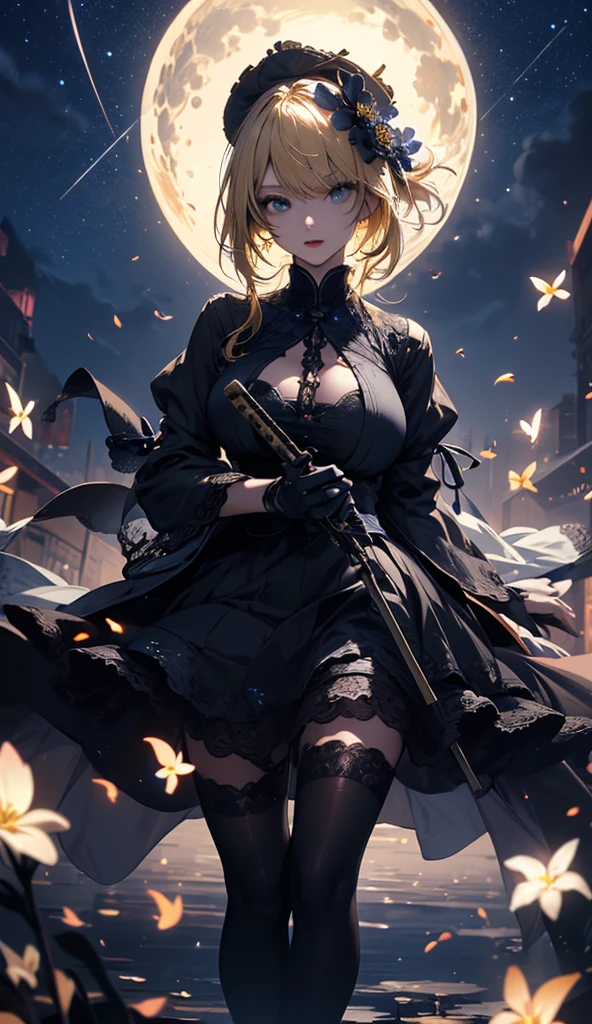 masterpiece, high quality, 4K, Beautiful design, silhouette，blonde， 非常に詳細な夜のStarry Sky,Flower Field， wonderful, Finer details,  Very knowledgeable woman, Highly detailed solo, 1 female,Big Breasts，Gothic Lolita Fashion，Night view，Starry Sky，full moon，