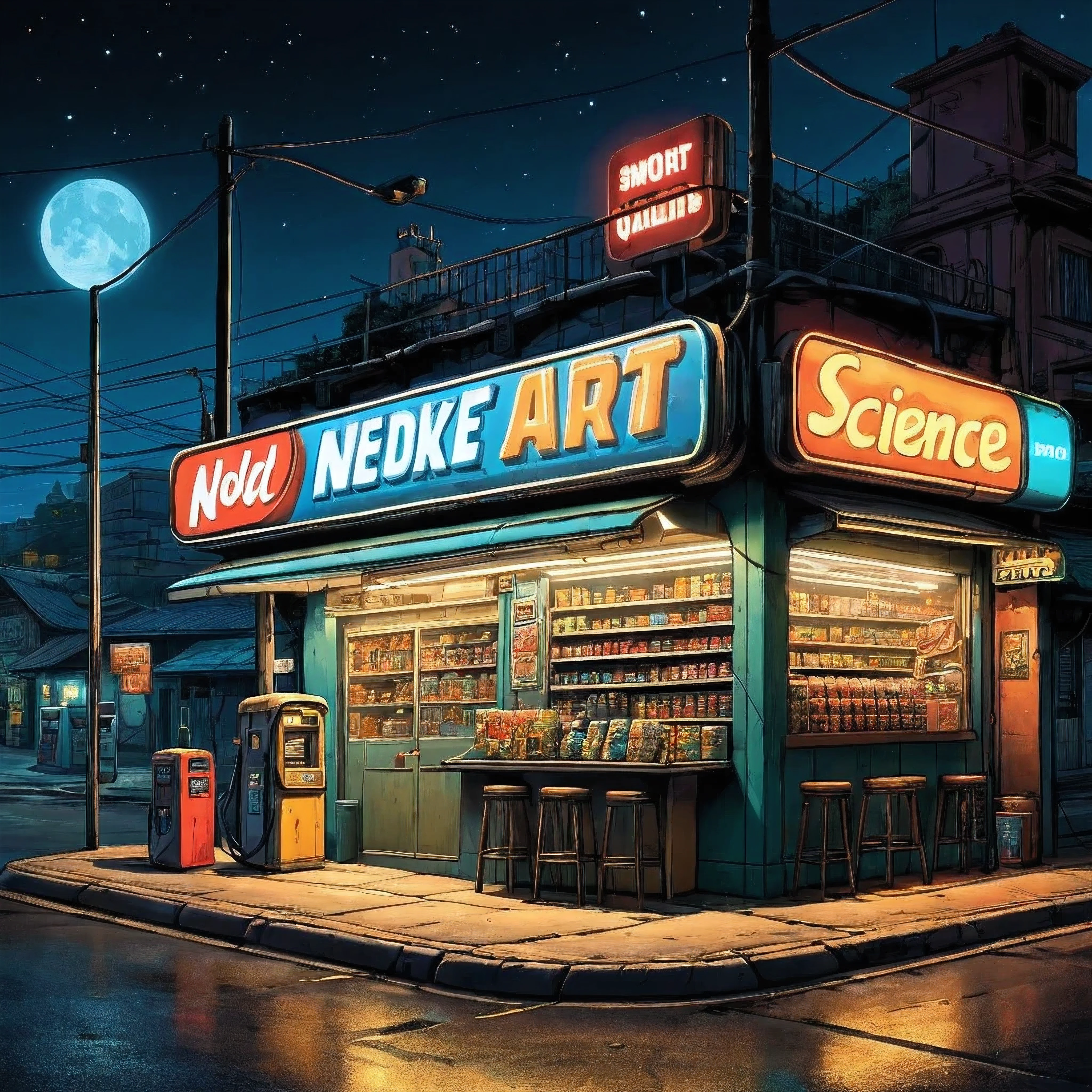 (Obra de arte:1.4), (melhor qualidade:1.4), (high resolution:1.4), (Obra de arte, melhor qualidade, high resolution:1.4), fantasia negra, Science fiction, Comic style, Roadside convenience store,midnoite,noite,street lamp, Science fiction world