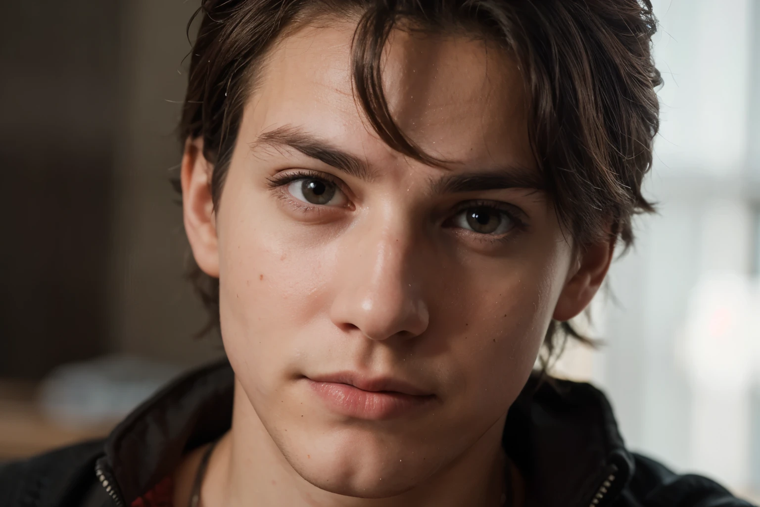 A photograph of spider man, no mask, 20 yo, handsome, detailed face, looking at camera, portrait, 8k uhd, high quality