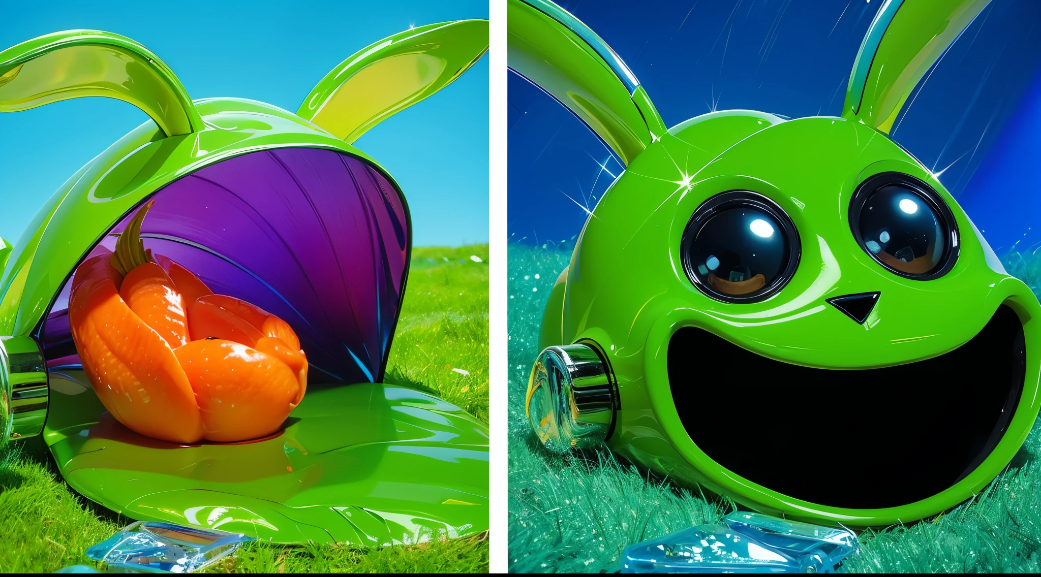 Create an image of a bright and beautiful plastic cat. The cat should be glossy and shiny, with a smooth surface that reflects light. It should feature vibrant colors like green, with exaggerated, cute features and large, expressive eyes. The cat should have a playful and lively pose, sitting on a beautiful, even lawn that looks lush and green. The background should be simple to highlight the bright and shiny appearance of the cat and the lush lawn. cartoon key frame rendering, cute 3D rendering, Shiny metallic,Create ultra sharp цветной рендеринг zbrush. perfect cgi, cgi art created only with gradients, smooth silhouette, Create ultra sharp skin, high intensity refraction, (plastic material), most beautiful vfx, blue background, plastic refractions, glossy texture, smooth 3d model, multiple light sources, rim light, sharp post effects render, (glossy plastic texture with multiple big light probe refractions), perfect cgi, cgi art created only with gradients, smooth silhouette, high intensity refraction, (plastic material), most beautiful vfx, blue background, plastic refractions Create ultra sharp