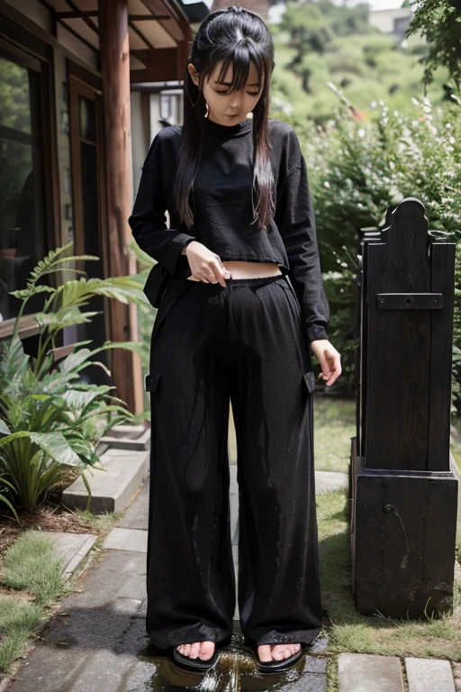 Japanese Girl sees the ghost and pees her black palazzo pants until her pants are wet in fright.