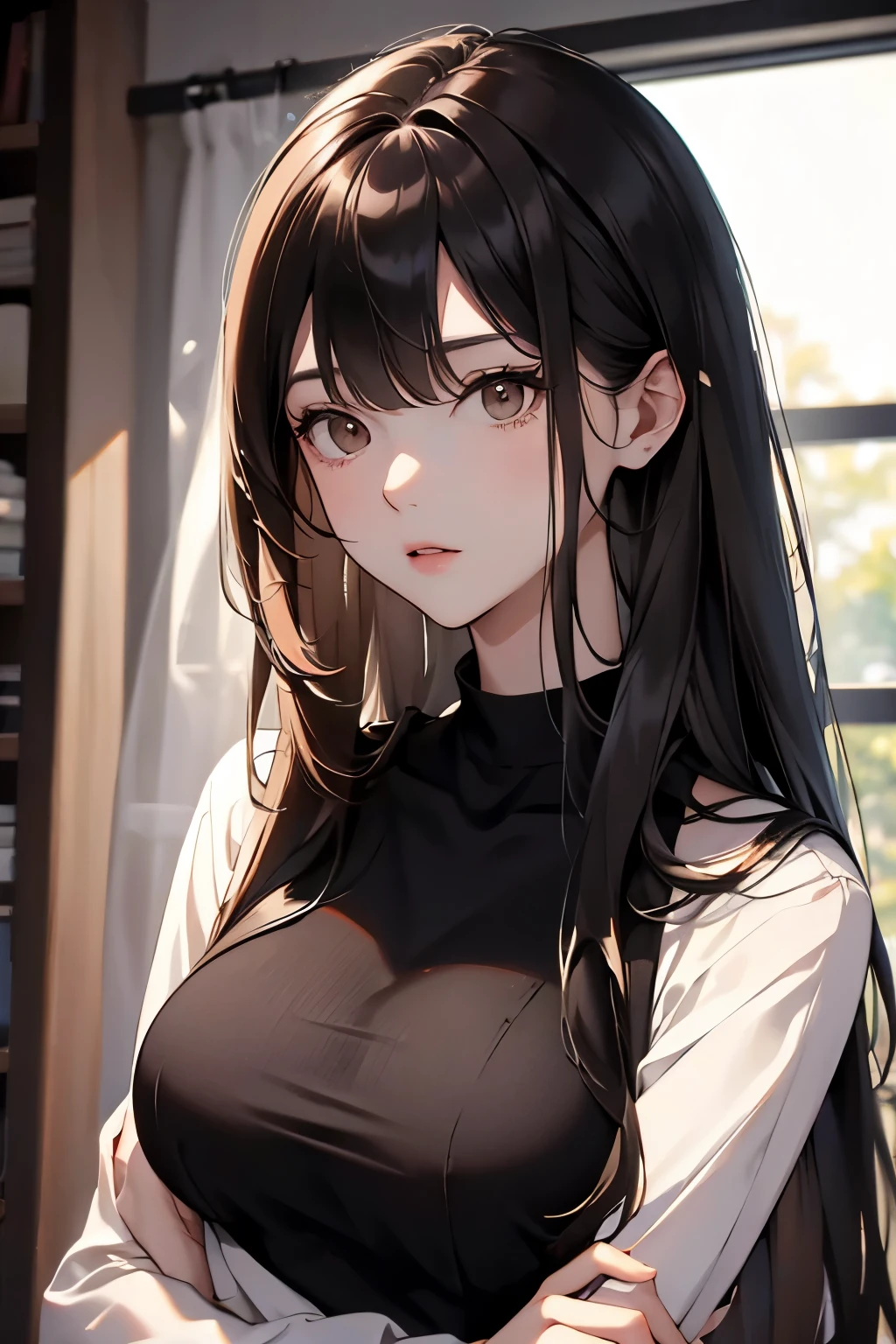 best quality, highres,Slender、Brown eyes、tall、Black Hair、(Long Hair:1.3),(Straight Hair:1.3)、7 lifespan、Black Bra、slouch、Looking up