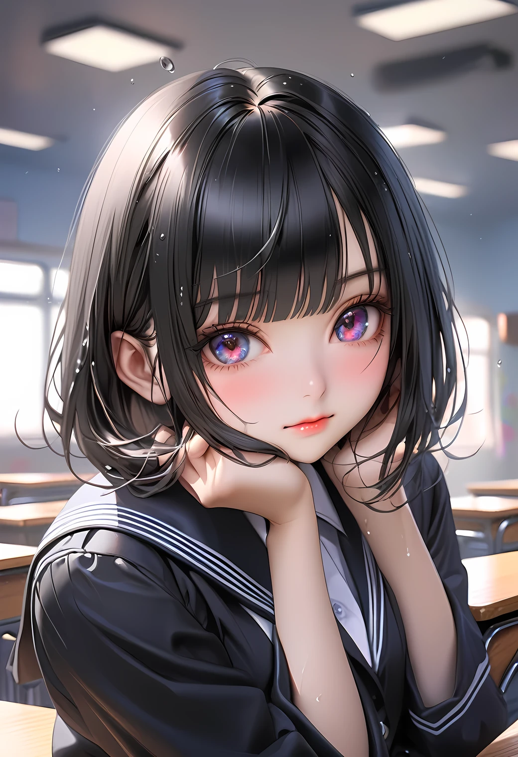 macro lens:1.2, raw photo:1.2, masterpiece, highest quality, 16k, unbelievably absurd, very detailed, perfect beauty, beautiful cute girl, jet black bob cut, straight hair, blunt bangs, long sideburns, wet hair, vibrant colors, ultra-realistic, photorealistic:1.3, middle breasts, schooluniform, classroom, hands on cheek, shy face, strange look, headtilt,