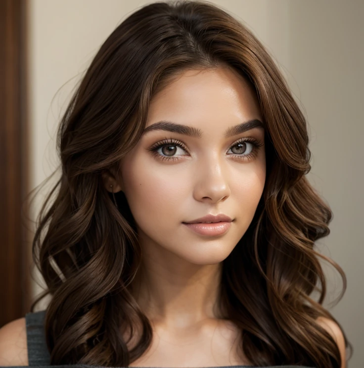 Woman with long, brown, curly hair and brown eyes