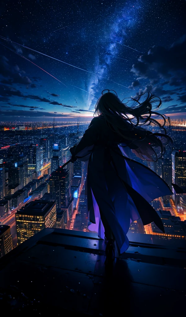 1people々々々々々々々々々々々々々々々,Blonde long-haired woman,Long coat, Dress Silhouette, Rear View,Space Sky, comet, Anime Style, City night view from the rooftop,A pillar of light stretching into space,