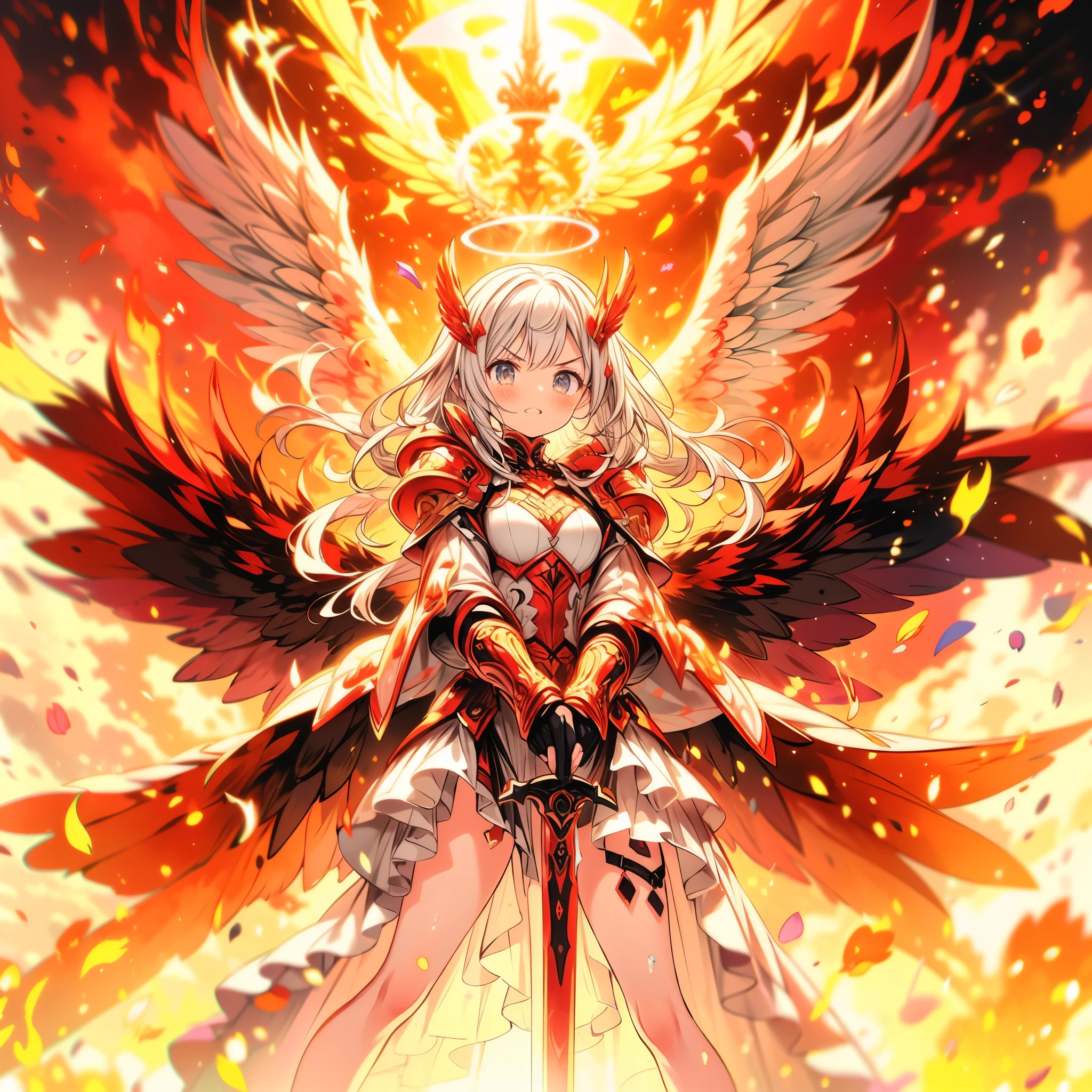 score_9, score_8_up, score_7_up, source_anime,masterpiece, best quality, high resolution, extremely detailed CG, absurdres, 1girl, A majestic angel girl stands by her six fiery wings spread wide behind her. She wears intricately detailed armor that glistens in the warm, golden light of a mystical landscape. Her dominant hand grasps the hilt of a gleaming sword, its blade etched with ancient runes. In a sweeping shot, emphasizing her regal presence and fiery aura, sworw of fire, red_sword, white_hair, long hair, fire arounded, ((halo)), ((6 wings)),angry, ((glaring)), ((burning heaven,burning clouds)), Colorful portraits