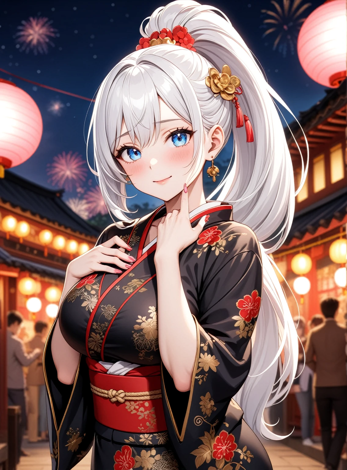 ((one personの女性)), Beautiful Face,Embarrassed and kind expression,Laugh embarrassedly,turn bright red,Glossy pink lips,night,Shrine festival sexpensives,firework, ((Anime style background)),masterpiece, highest quality, so beautiful, Latest, Complex details, (Pink long nails),AI-generated, Complex,High resolution, highest quality, super high quality,3D Images、View your viewers、3D Images,one person,Long white hair,High Ponytail,blue eyes,Anime woman posing for a photo, [[Fine grain、Colorful eyes、Shining Eyes:1.15]],(Squint your eyes:1.1),a hyperRealistic , hyperRealistic , Realistic,Long haired white hair anime woman, Smooth anime CG art, A woman in a colorful kimono with gold embroidery, (Black kimono),Red floral pattern,Long flower hair ornament,Big earrings,(Big Breasts:1.2),Mature Body,expensive,Big Ass,Fine details,Tight waist,Abdominal muscles,Shooting at an angle,Show off your buttocks,Rubbing the breast with your hands