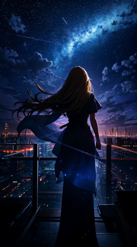 1people々々々々々々々々々々々々々々々,Blonde long-haired woman, Dress Silhouette, Rear View,Space Sky, comet, Anime Style, City night view from the rooftop,A pillar of light stretching into space,