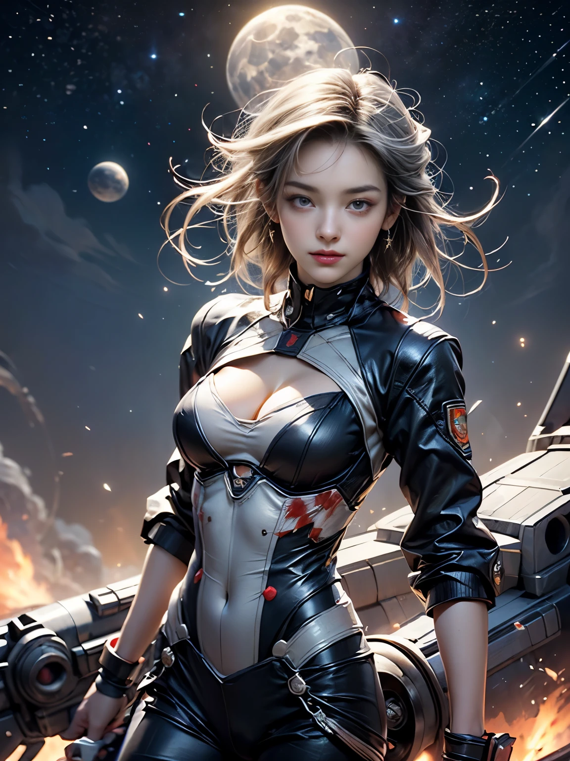 Zerg Queen Beautiful Girl: Ranlinger, 18 years old with slim body, (android:1.6), white silver Messy Hair, beautiful Perfect Face, Soft Skin, Perfect Face, Yasutomo Oka's painting style, Big firm Breasts, Sexy, Sharp Eyes, Break, dynamic sexy poses, sweat, mechanical body armor, cleavage is exposed, Add light purple and purple, Add Light Red, Intricate details, Splash screen, 8K resolution, masterpiece,(military medals:1.4), (Ruthless, dignified, mad, brutal:1.3), (battle, bloody, universe, stars, moon, starships, star fighter, beams, blusts, bombing:1.5), Sharp Eyes, Break