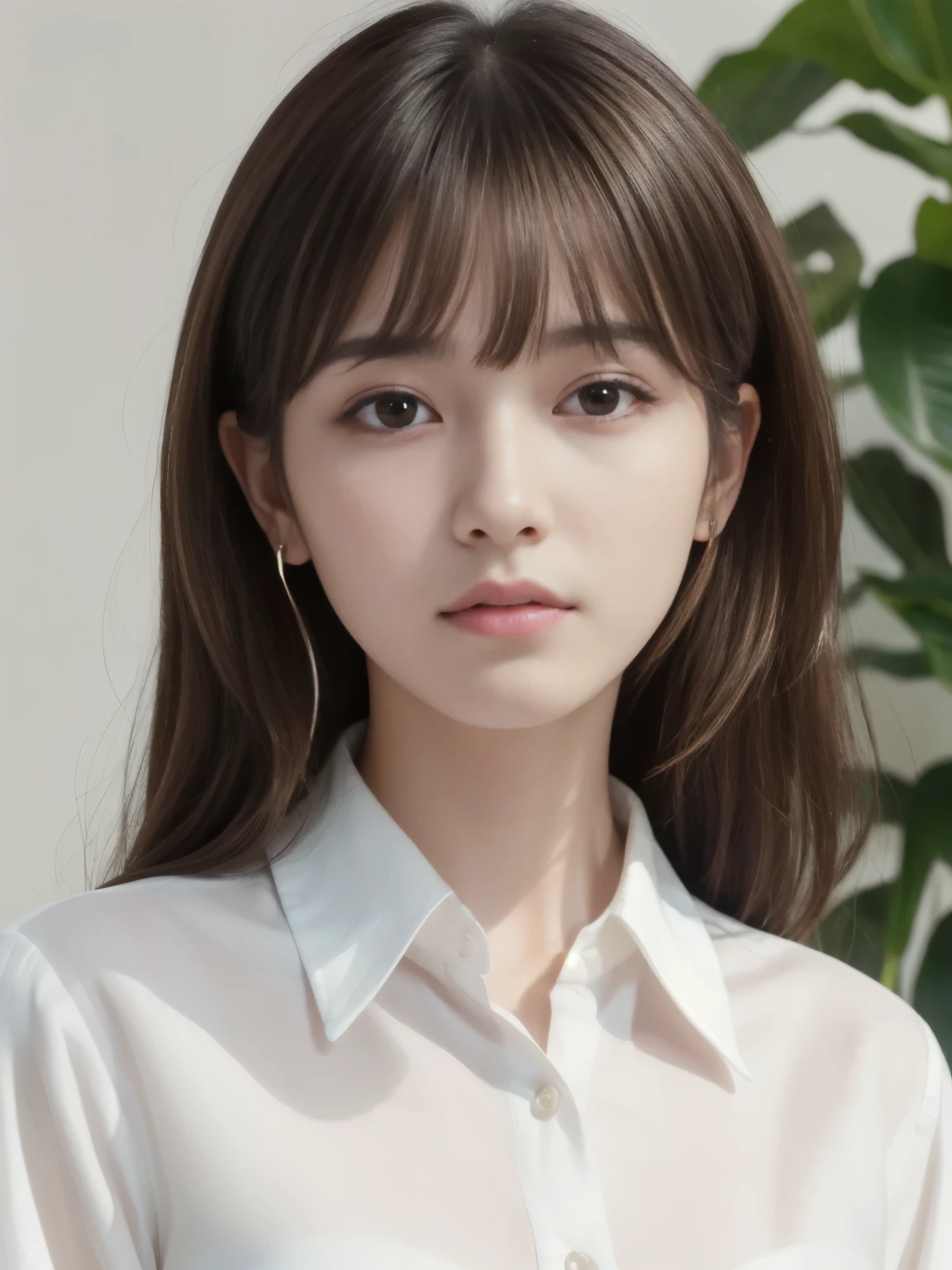(detailed skin:1.2), (shiny skin:1.1), 8k,best quality, masterpiece, ultra high res, (photorealistic:1.4), RAW photo, (soft saturation:1.3), (fair skin:1.2), Japanese idol, 19 years old, Natural make up, brown hair, medium hair, asymmetrical hair, wavy hair, asymmetrical bangs, (collared white shirt, slit tight skir:1.2),