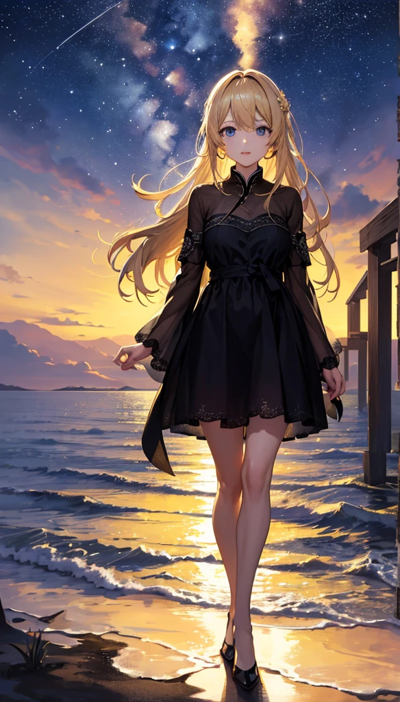 masterpiece, high quality, 4K, Beautiful design, silhouette，blonde， 非常に詳細な夜のStarry Sky,water&#39;Horn， wonderful, Finer details,  Very knowledgeable woman, Highly detailed solo, 1 female,Big Breasts， Pure white dress，Night view，Starry Sky，