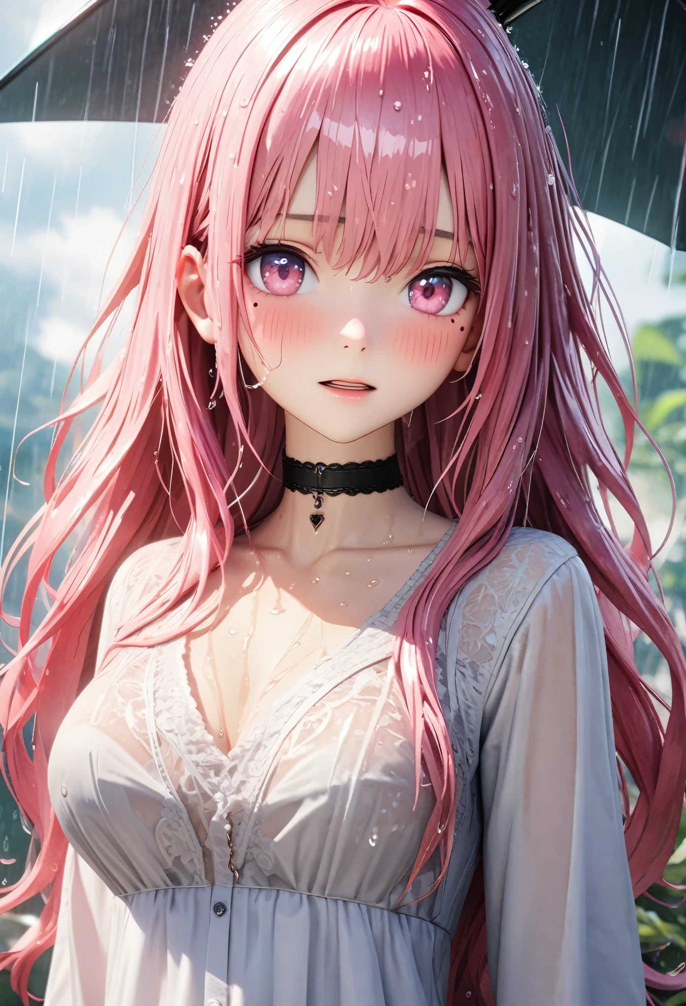 masterpiece, best quality, very detailed, high resolution, expensive resolution, high resolution, 4k, 8k, Unity 8k wallpaper, highly detailed CG, masterpiece, 2d, 3d, beautiful details, depth, fine texture, best quality: 1.3, perfect focus, crisp skin, him, rain, wet, wet clothes: 1.2 very cute anime girl, (white sheer bra visible through white blouse wet from pouring rain), large breasts, expensive pink medium long hair, 1 girl, rain, (raindrops dripping from wet hair, sheer white bra visible through thin blouse wet from rain), mole under eye, looking at viewer, expensive, blush, mole, open lips, heart, pink eyes, choker