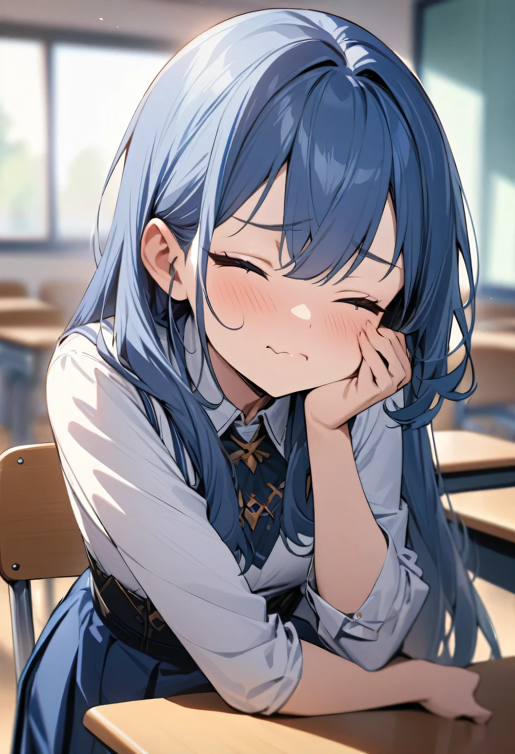 whole body, (female): 1girl, (solo), (perfect face), (detailed outfit), (), beautiful female, blue hair, long hair, white shirts, (white , blue mini skirt), (((Kissing face, eyes closed))), (background): school room, (sunny) : (masterpiece:1.4), (best quality), (highres) (sharp focus), (depth of field),