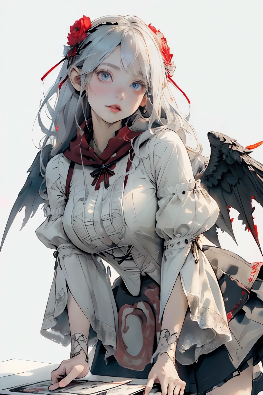 ((best quality)), ((masterpiece)), (detailed), perfect face, ((best quality)), ((masterpiece)), (detailed), perfect face(Golden ratio:1.2),(Fault color:1.3),[(White background:1.4)::10], (full bodyesbian:1.2),(Ultra-detailed:1.3), （white color background）white background, plain background (colorful ink paper flower grow on the face:1.2), teens girl，White hair，Red glowing eyes, photorealestic,（（（Red and white trench coat））），（Red scarf)，a black pleated skirt，black t-shirts，longer sleeves，（（With a hood）），((Multiple pairs of angel wings))，side-lighting, NSFW, Depicting female characters from ethereal anime in a high-quality anime art style，，，8K，Red and white shoes with a sense of technology，(chaotic geometric images:1.3),(nagative space:0.8),(Drawing board:1.3), (ether colorful ink flowing:1.3), a knight, white background, plain background, Bloodborne inspired, tatty Bloodborne attire, occult aesthetic, occult, tatty red and white clothing detailed and intricate steampunk and detailed gothic lolita (with a hood), long coat, Complex laced boots, Fluttering lace flared long knee length dress with frilly petticoats, long dress, knee length dress, pleated petticoats, lolita dress, petticoats gothic lolita, beautiful small breasts, (((( Highly detailed face))), small thin nose, Small thin lips mouth, (((Very sharp focused eyes))), Very large slit precision pale grey eyes that shine like jewels. very long eyelashes, Silver hair swaying in the wind, Emitting a dazzling light in a mandala pattern, white background, Very dramatic and cinematic lighting, tatty damaged old red and white clothing, full body, whole body, body, cosmic horror, grim dark