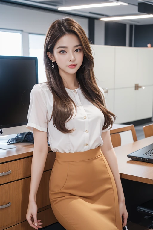 highest quality、4K、Perfect Face、Perfect Style、Sunburn、beautiful、stylish appeal、Mature、long layer brown hair、Swept-back hair、full body, pierce、at office 、she is working、heels、PC is on the desk、