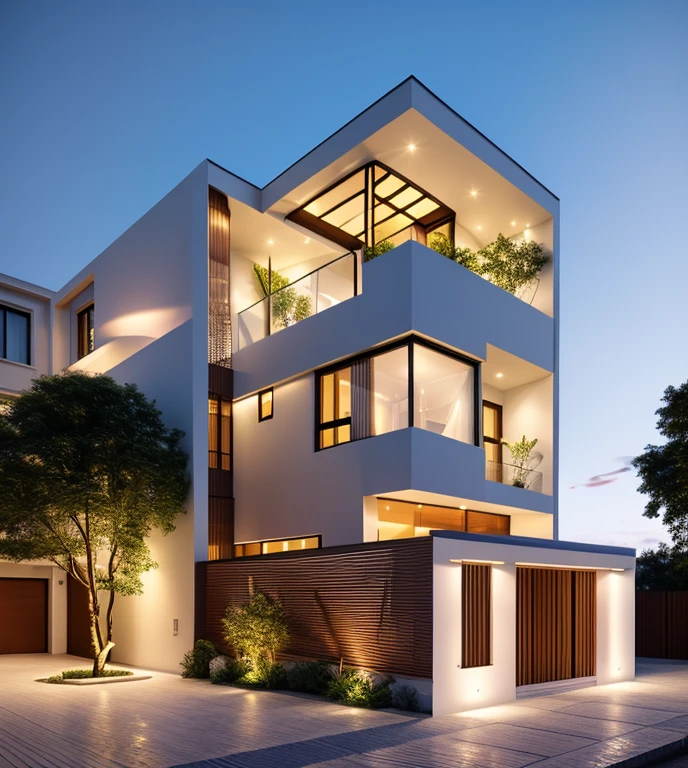 Perspective of a modern house with a large enough front yard, main materials are light yellow walls, stone and wood, a road running in front of the house, (RAW photo, real, best quality, masterpiece: 1.2), current view modern minimalist, 1 street in front of house, shime ring light, indoor brightness:1.2, dynamic lighting:1.3, (hyper-realistic, photo-realistic:1.2), high quality, daylight, contrast high:0.5 perfect light, Archdaily, contemporary masterpiece award, award winning contemporary, beautifully designed masterpiece, spacious modern mansion, modern neo-traditional, wide angle exterior 2022 , mid-century modern, contemporary home, stylish modern feel, long front view, award-winning modern design, stunning lines, residential, exquisite details, indoors gently:1.3