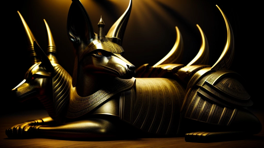 Make a very realistic Egyptian god Anubis with an angry face with a black and gold background and the image lying down and large in a solitary image