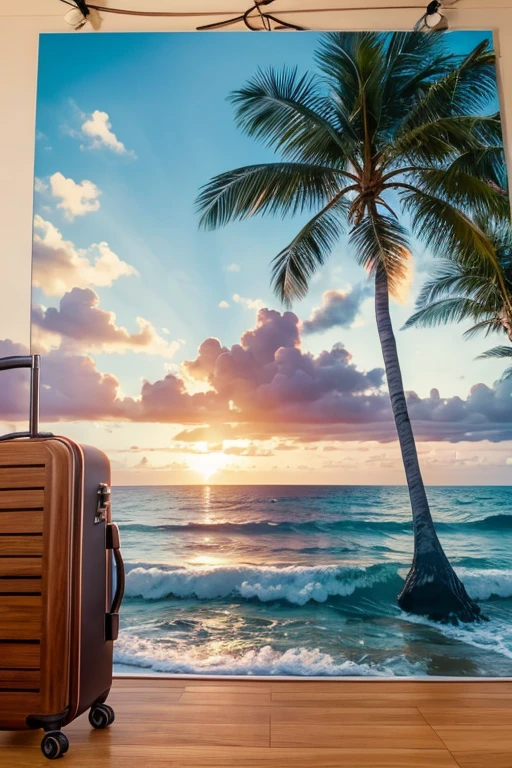 Hawaiian island-themed keychain, featuring silhouettes of palm trees, a tiny surfboard, and miniature lei, warm wood grain texture, slight distressed effect, metal loop for attaching to a luggage, fridge or backpack, vibrant sunset colors in the backdrop, focal point on surfboard, keychain laying horizontally with gentle shadows suggesting dimension, background of soft-focus beach sand, panoramic, UHD drawing, ultra-