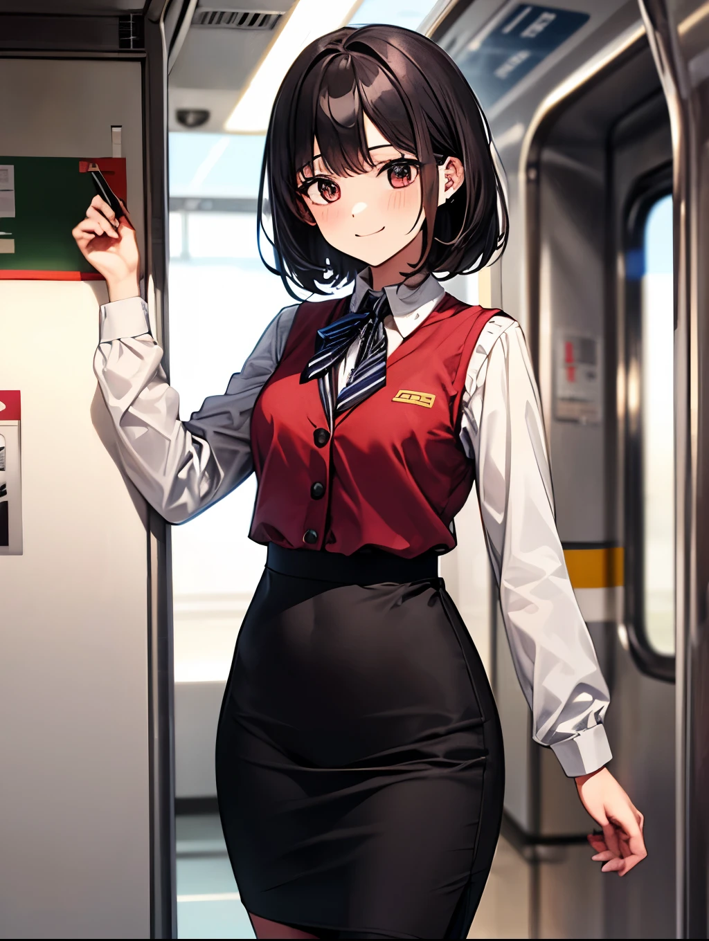 1 girl, Solo, Japanese girl, 22 years old, Best Quality, masutepiece, 8K, High resolution, Ultra-detailed, black hair, smile, (train crew:1.5, uniform, dark red vest, white collared shirt, longsleeves, pencil skirt, long skirt:1.2, black skirt, pumps),