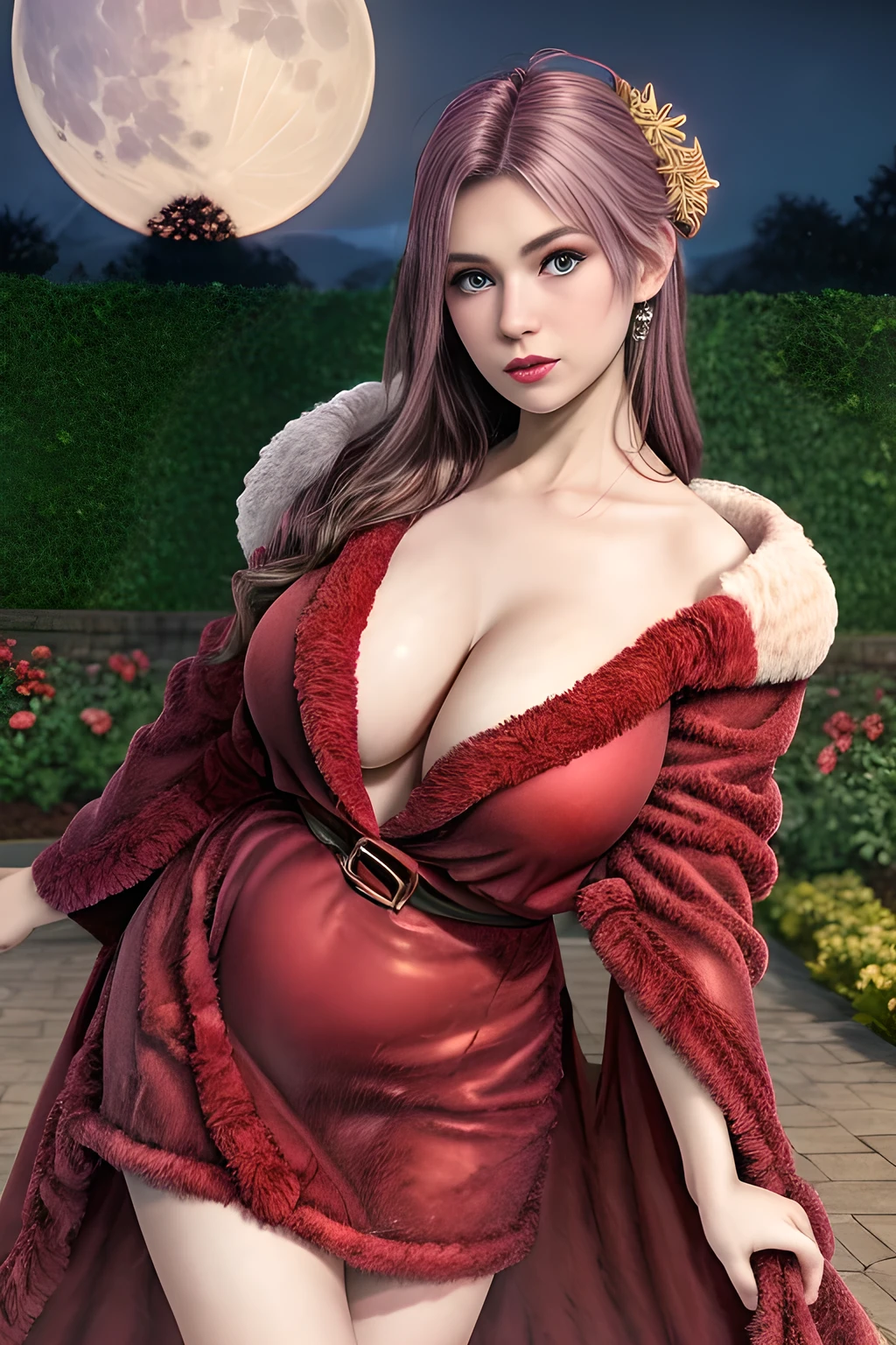 1girl,(RED theme: 1.2), (fur nightgown: 1.2), (Koch snowflake robe: 1.5), ,garden,moon,huge breasts,lactating,(lip gloss),(masterpiece), best quality, (real life portrait photography:1.5),unltra detailed,8K,Shot with a professional-grade camera like the Nikon D850,every intricate detail is captured, from the subtlest expression to the glimmer of anticipation in her eyes,Focus on thighs and above,solo, elise,