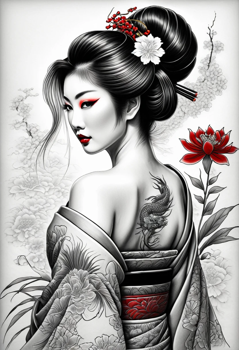 A black and white detailed drawing of a geisha made with a thin black pencil. The view from the back, to the waist, she squints at the viewer, turning over her left shoulder. Japanese geisha makeup, elegant tattoos with dragons and flowers. Complicated hairstyle, red flowers in her hair. Long eyelashes, a very beautiful slender young Japanese woman, white skin. Master's drawing, very high quality, photographic accuracy.