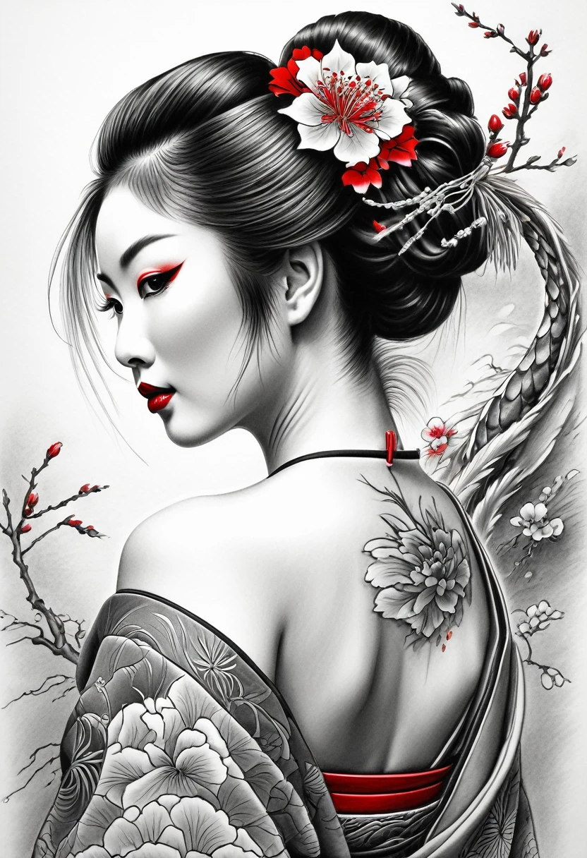 A black and white detailed drawing of a geisha made with a thin black pencil. The view from the back, to the waist, she squints at the viewer, turning over her left shoulder. Japanese geisha makeup, elegant tattoos with dragons and flowers. Complicated hairstyle, red flowers in her hair. Long eyelashes, a very beautiful slender young Japanese woman, white skin. Master's drawing, very high quality, photographic accuracy.