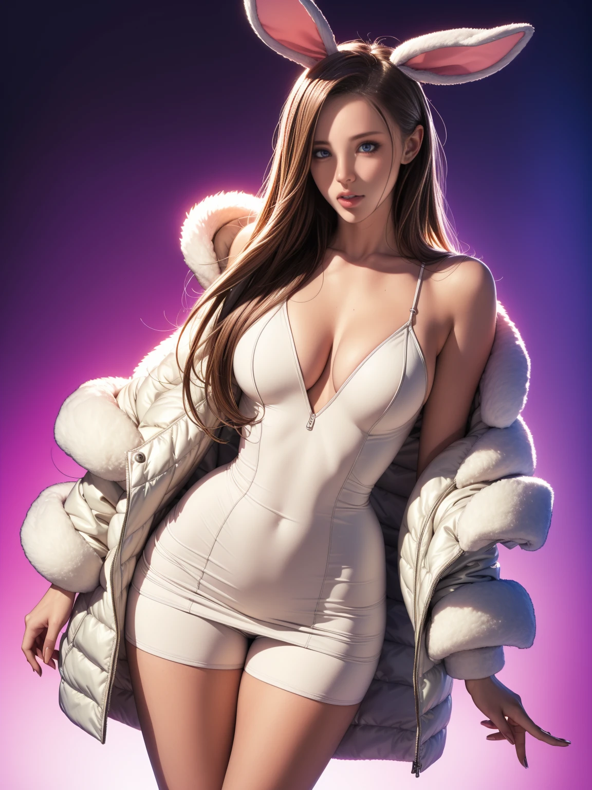 a woman wearing a fluffy rabbit costume with large rabbit ears, full body shot, wide angle, cute and childlike expression, professional portrait, hyperdetailed 8k, high resolution, detailed facial features, detailed clothing, soft lighting, whimsical, fantasy, pastel colors, adorable