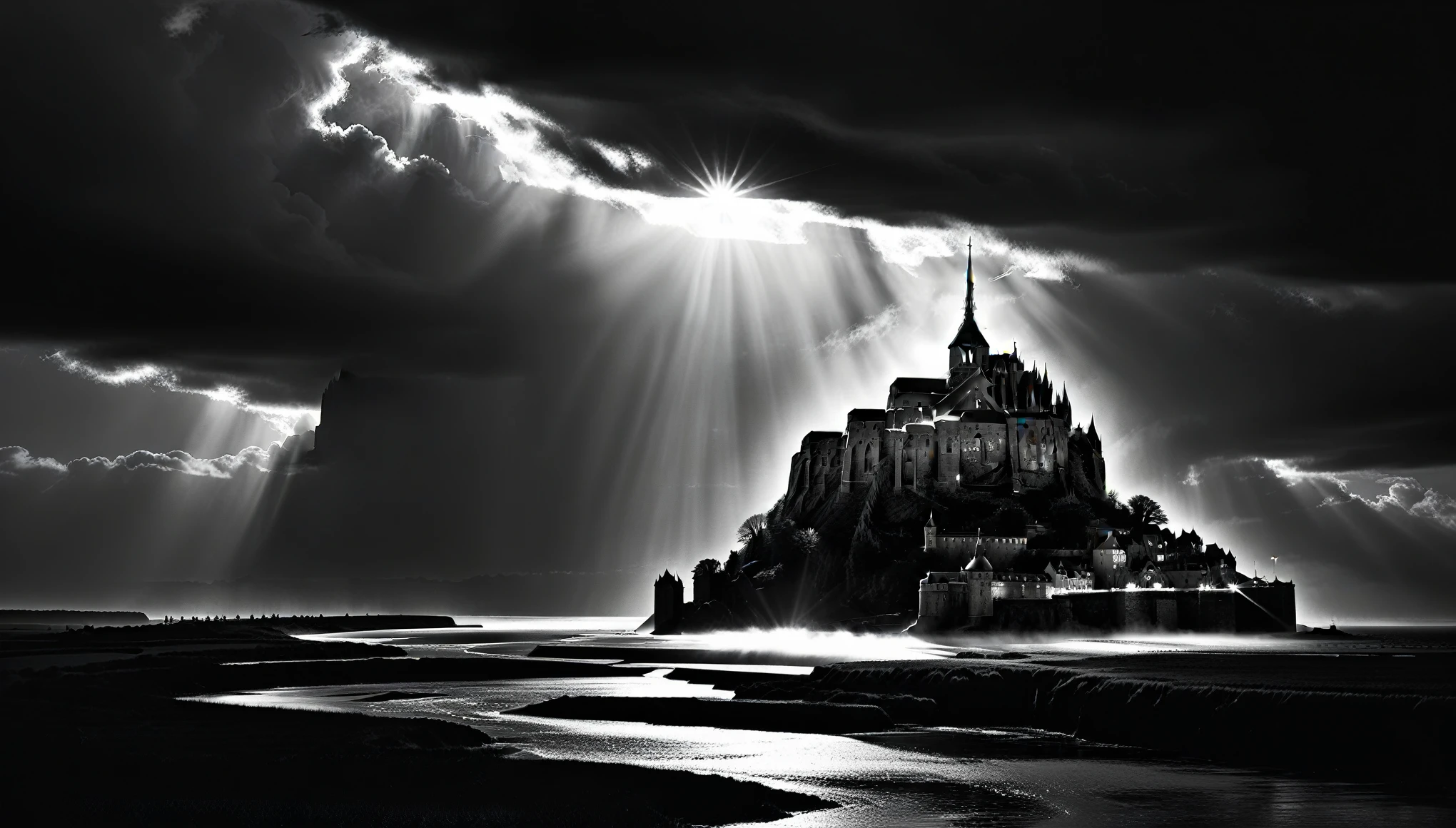 Le Mont-Saint-Michel lies in the strum, dramatic clouds through which the sun shines, strum, gout, cinematic lightning, greyscale to colour,