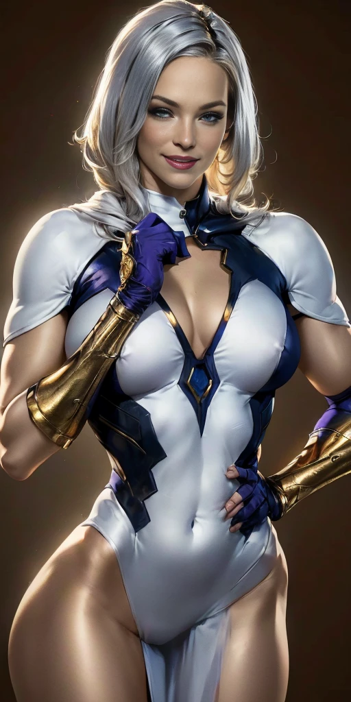 (Female Alexis Texas chest covered wearing Emma Frost outfit) (smile) blonde hair and blue eyes, clothing white and silver with cloaks of deep blue or purple, cleavage knockers ((very precise detailed)) ((high res) Golden bracers (plain background) (perfect body and face) hands on hips