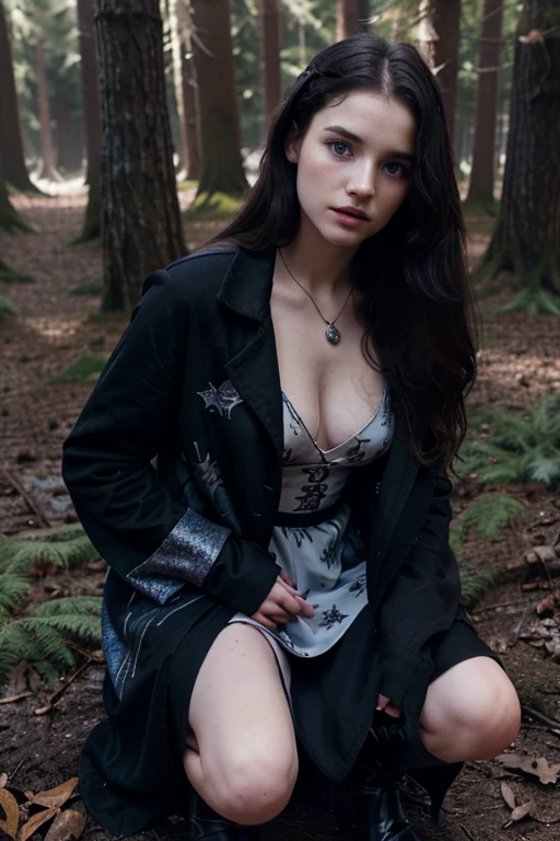 Lena Duchannes, Alice Englert, Wolf, 20 years old, long messy light black hair, blue eyes, open black jacket, elegant purple glitter dress, black heels, fox pendant, white wolf print. forest background fox aura around black color