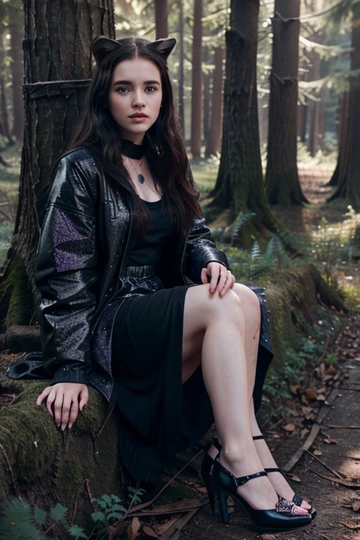 Lena Duchannes, Alice Englert, Wolf, 20 years old, long messy light black hair, blue eyes, open black jacket, elegant purple glitter dress, black heels, fox pendant, white wolf print. forest background fox aura around black color