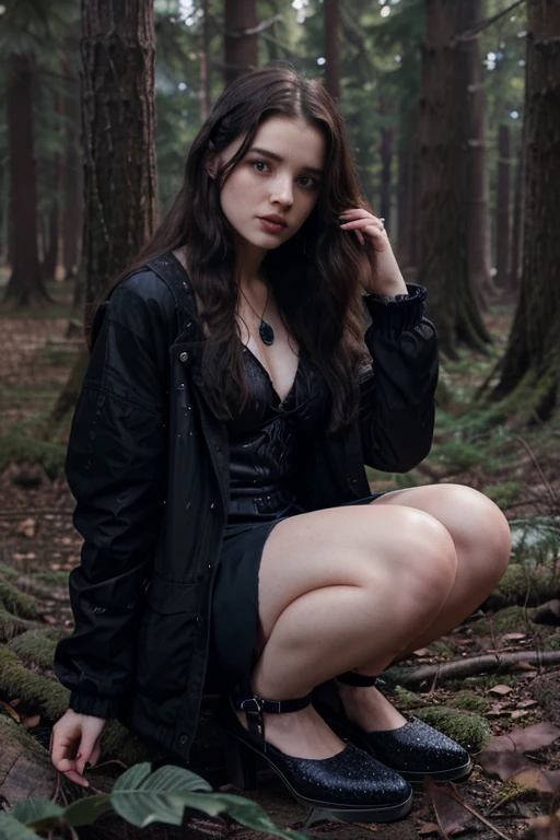 Lena Duchannes, Alice Englert, Teen Wolf, 20 years old, long messy light black hair, blue eyes, open black jacket, elegant purple glitter dress, black heels, fox pendant, white wolf print. forest background fox aura around black color